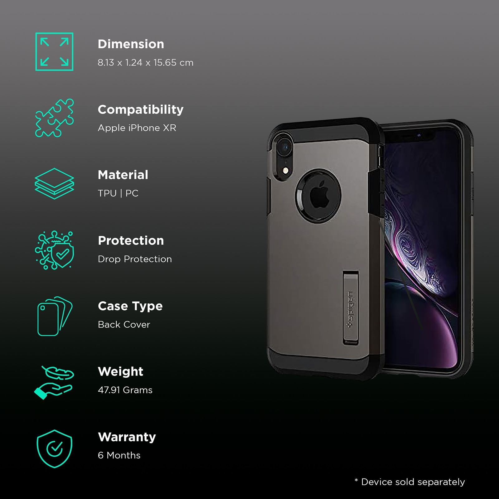 spigen Tough Armor TPU & Polycarbonate Back Case with Stand for Apple iPhone XR (Wireless Charging Compatible, Gunmetal)_2