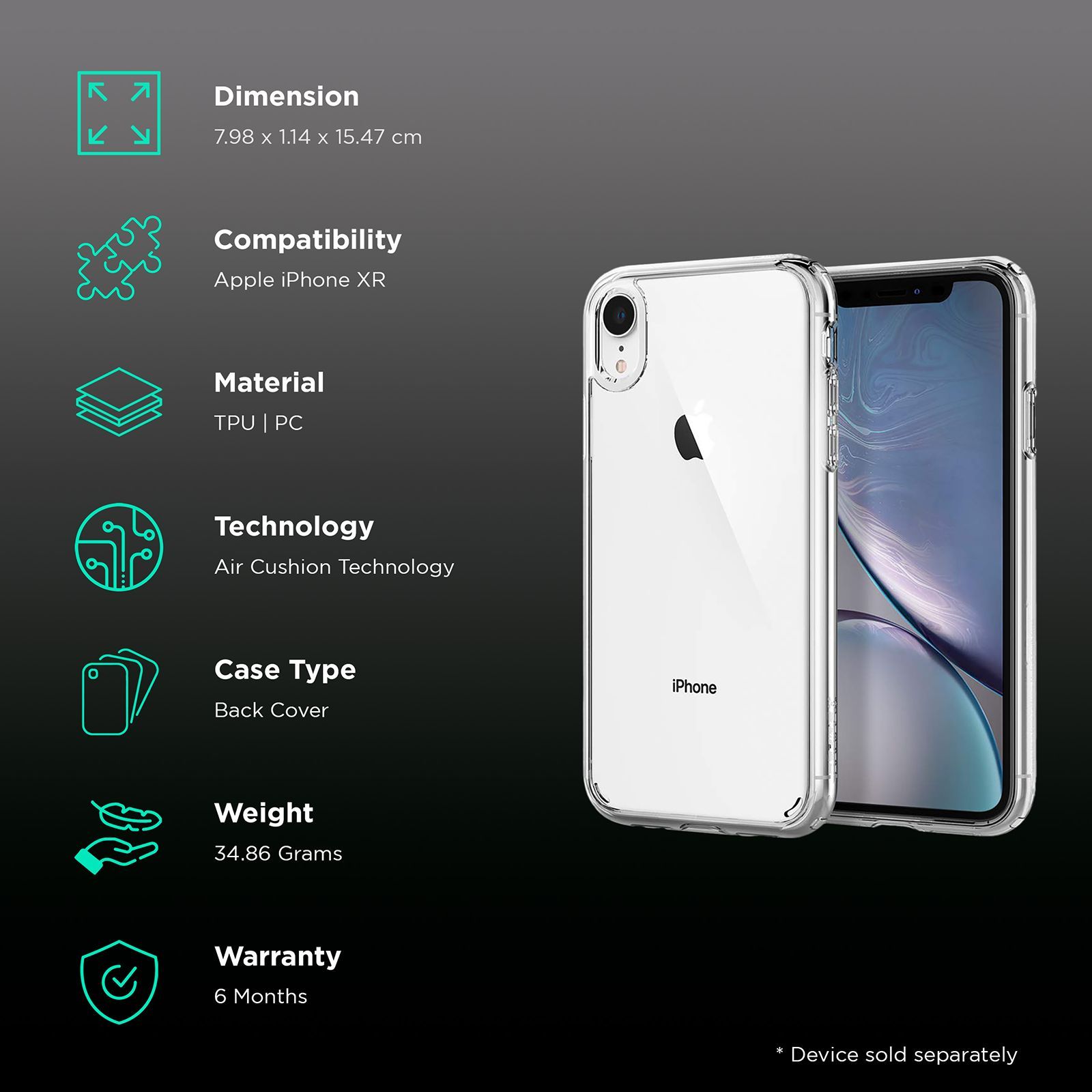 spigen Ultra Hybrid TPU & Polycarbonate Back Cover for Apple iPhone XR (Air Cushion Technology, Crystal Clear)_2