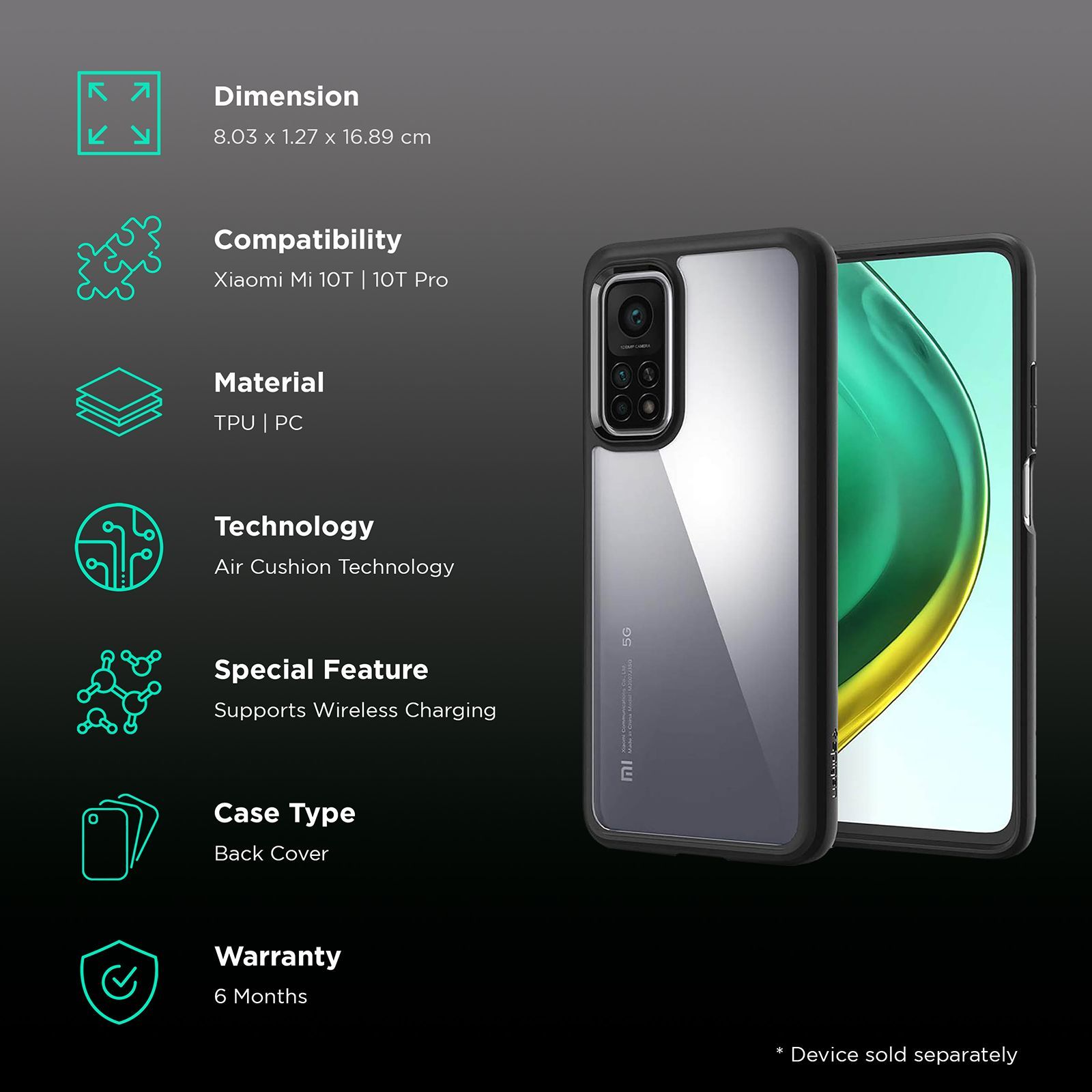 spigen Ultra Hybrid TPU & Polycarbonate Back Cover for Xiaomi Mi 10T, 10T Pro (Wireless Charging Compatible?, Matte Black)_2