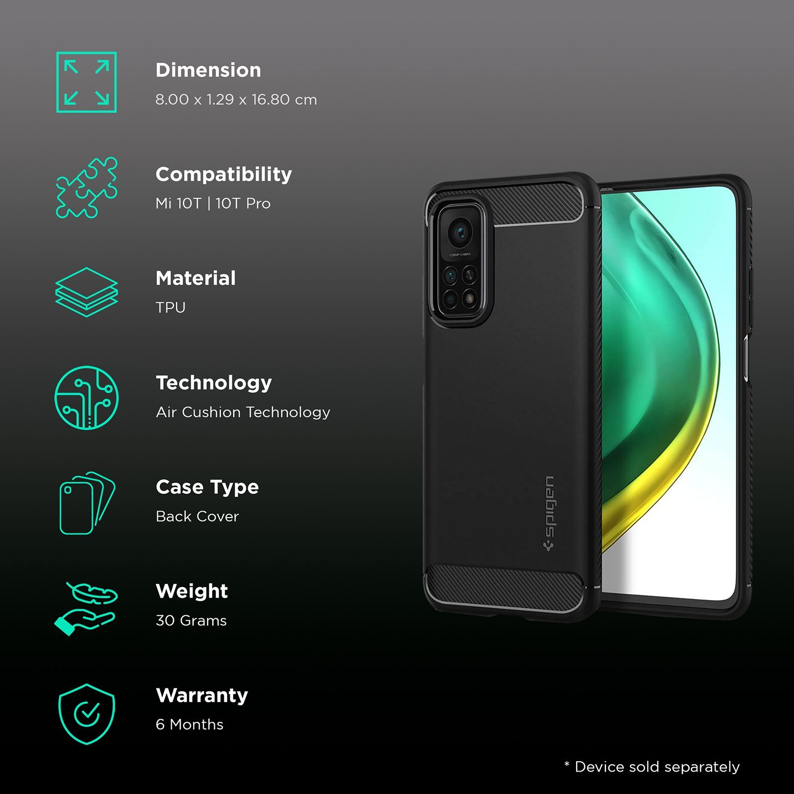 spigen Rugged Armor TPU Back Case For Mi 10T/Mi 10T Pro (Air Cushion Technology, ACS02161, Matte Black)_2