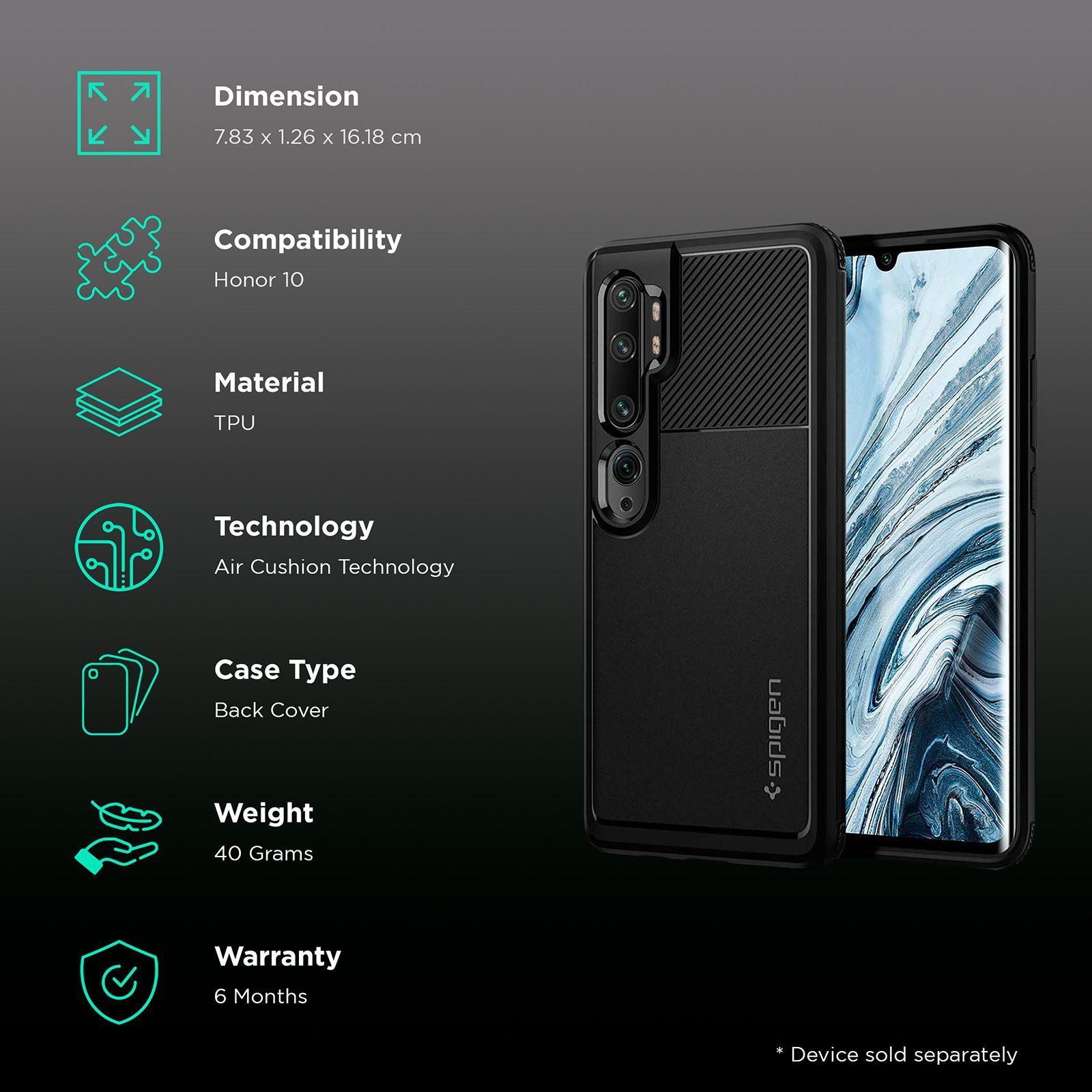 spigen Rugged Armor TPU Back Case For Honor 10 (Air Cushion Technology, ACS00603, Matte Black)_2