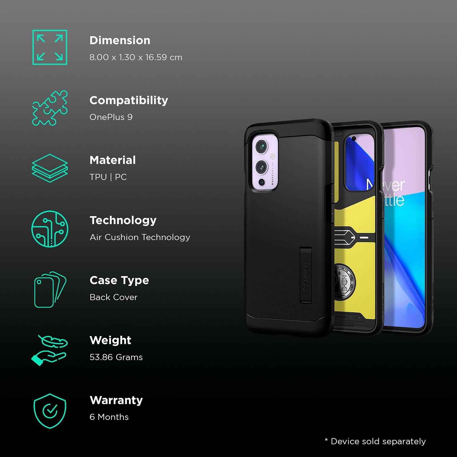 spigen Tough Armor TPU & Polycarbonate Back Case with Stand for OnePlus 9 (Air Cushion Technology, Black)_2