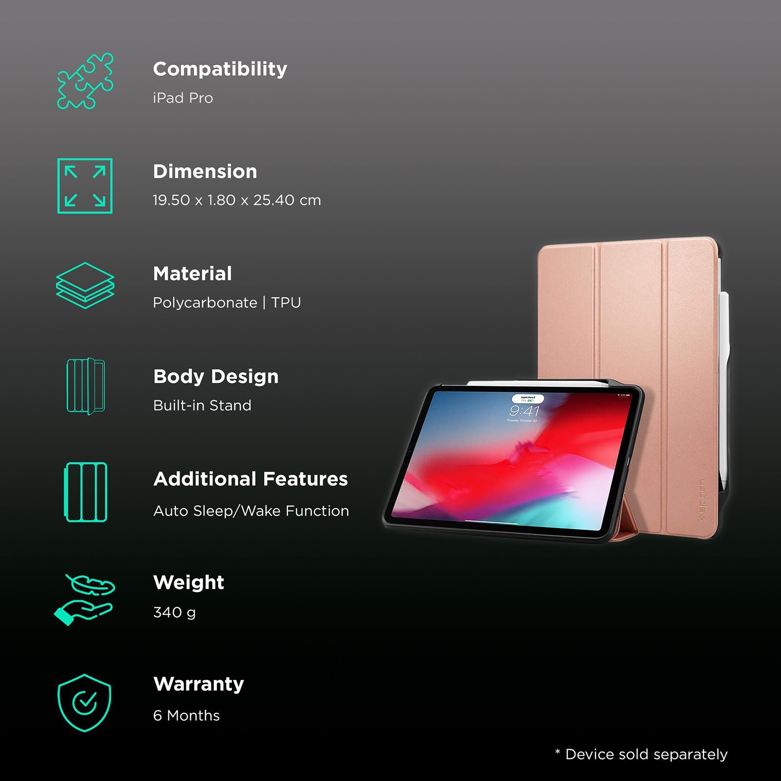spigen Smart Fold 2 Polycarbonate TPU Flip Cover for Apple iPad Pro (Built-in Pen Slot, Rose Gold)_2
