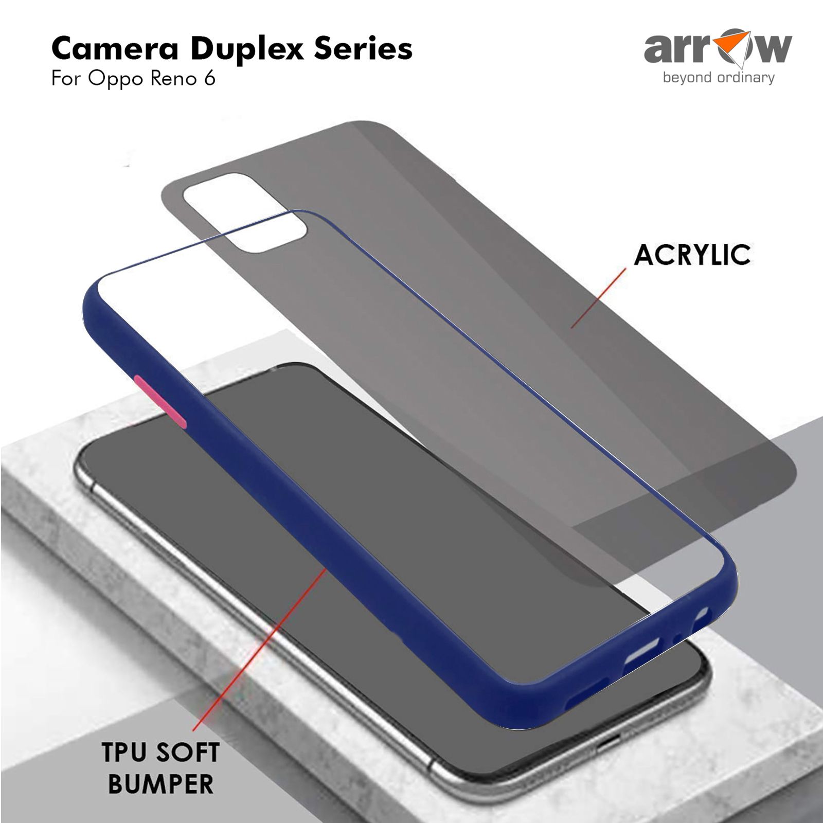 Arrow Duplex Acrylic & TPU Back Cover for OPPO Reno 6 (Scratch Resistant, Blue)_6