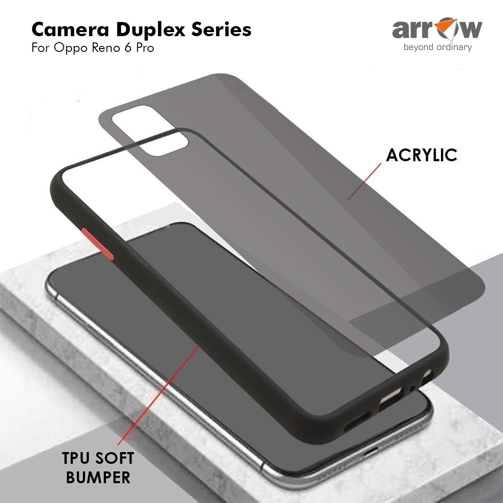 Arrow Duplex Acrylic & TPU Back Cover for OPPO Reno 6 Pro (Scratch Resistant, Black)_6