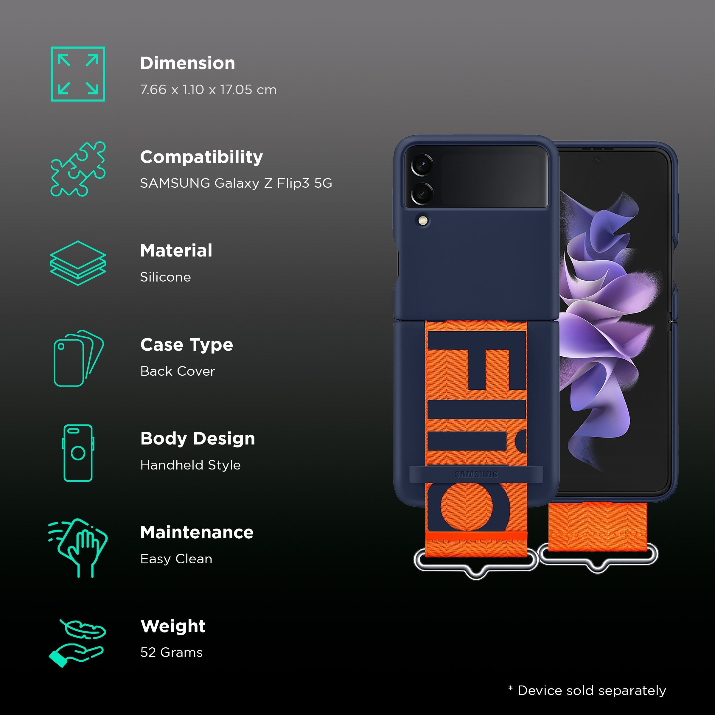 SAMSUNG Soft Silicone Back Cover for SAMSUNG Galaxy Z Flip3 5G (Built-in Hand Strap, Navy)_2