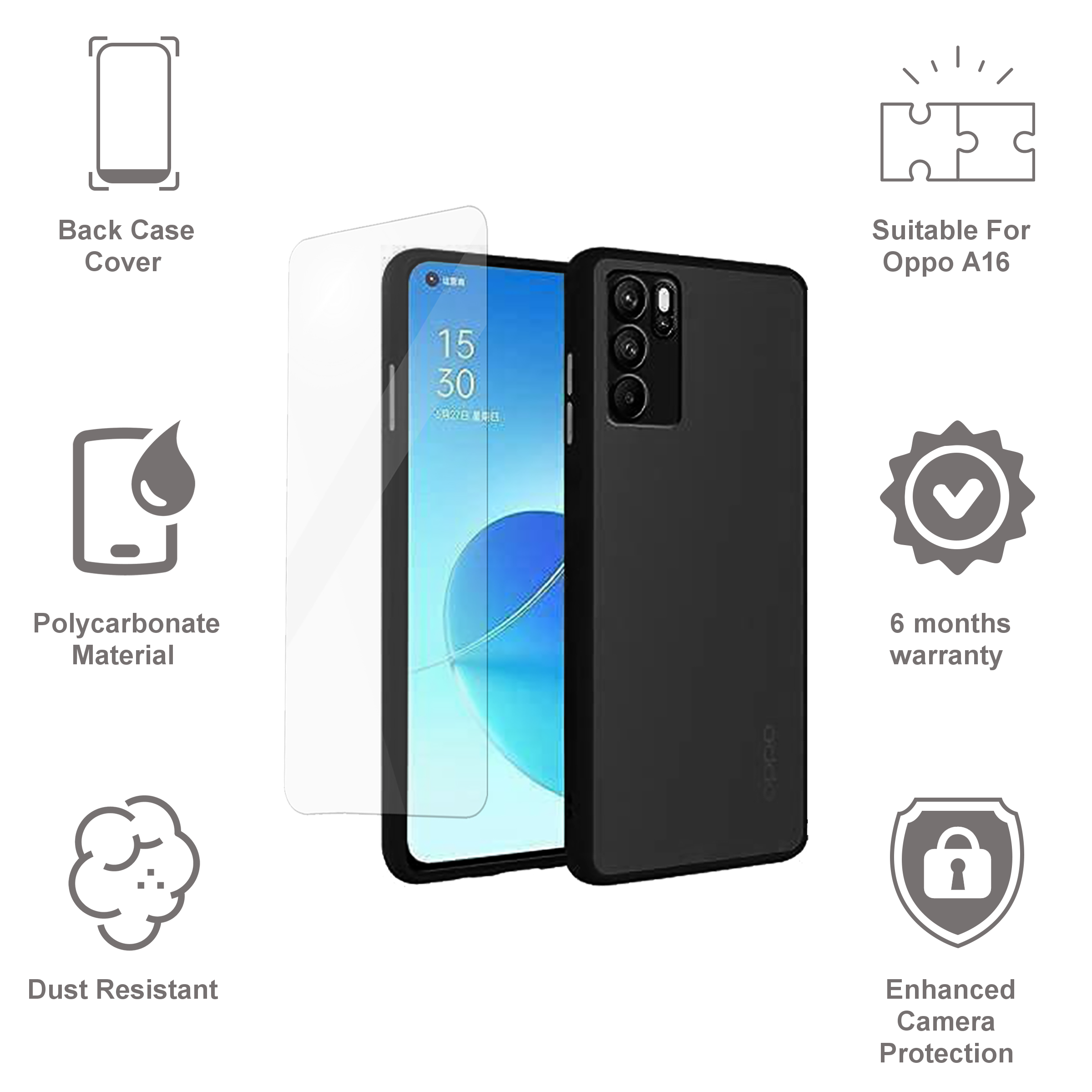 ARROW Duplex Series Tempered Glass & Polycarbonate Back Cover Combo for oppo A16 (Anti Scratch Design, Black)_4
