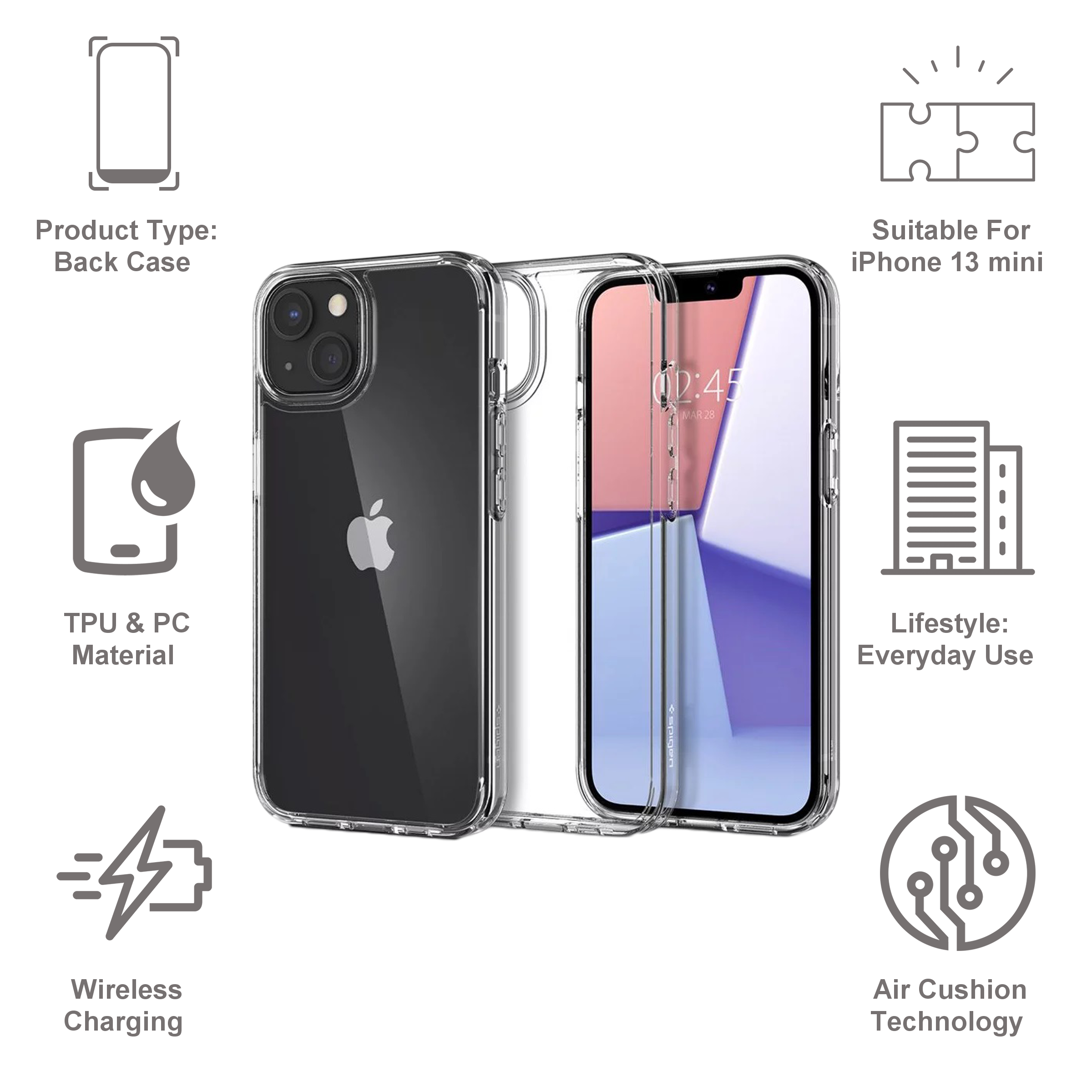 spigen Crystal Hybrid TPU Back Cover for Apple iPhone 13 Mini (Supports Wireless Charging, Crystal Clear)_8