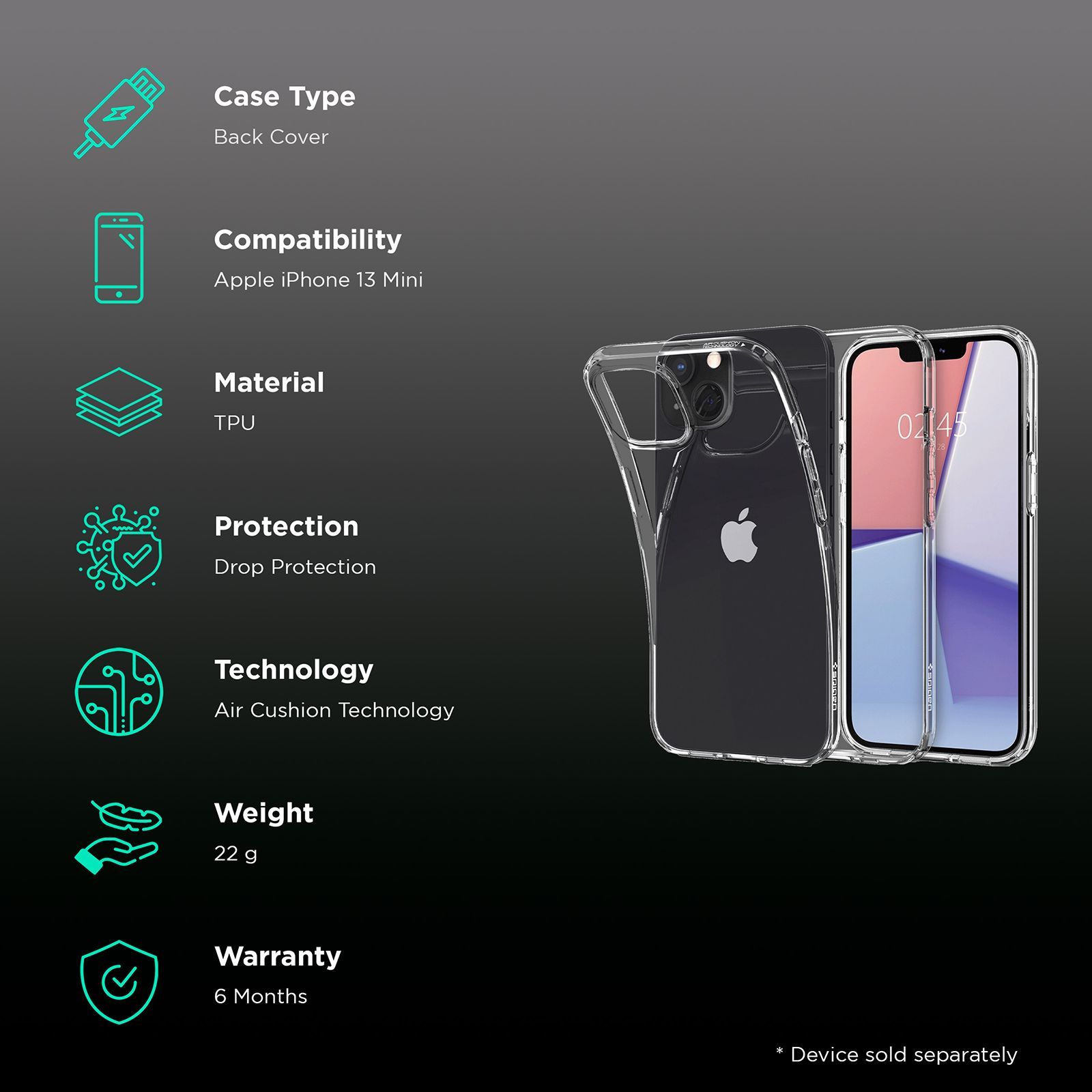 spigen Liquid Crystal Soft TPU Back Cover for Apple iPhone 13 Mini (Wireless Charging Compatible, Crystal Clear)_2