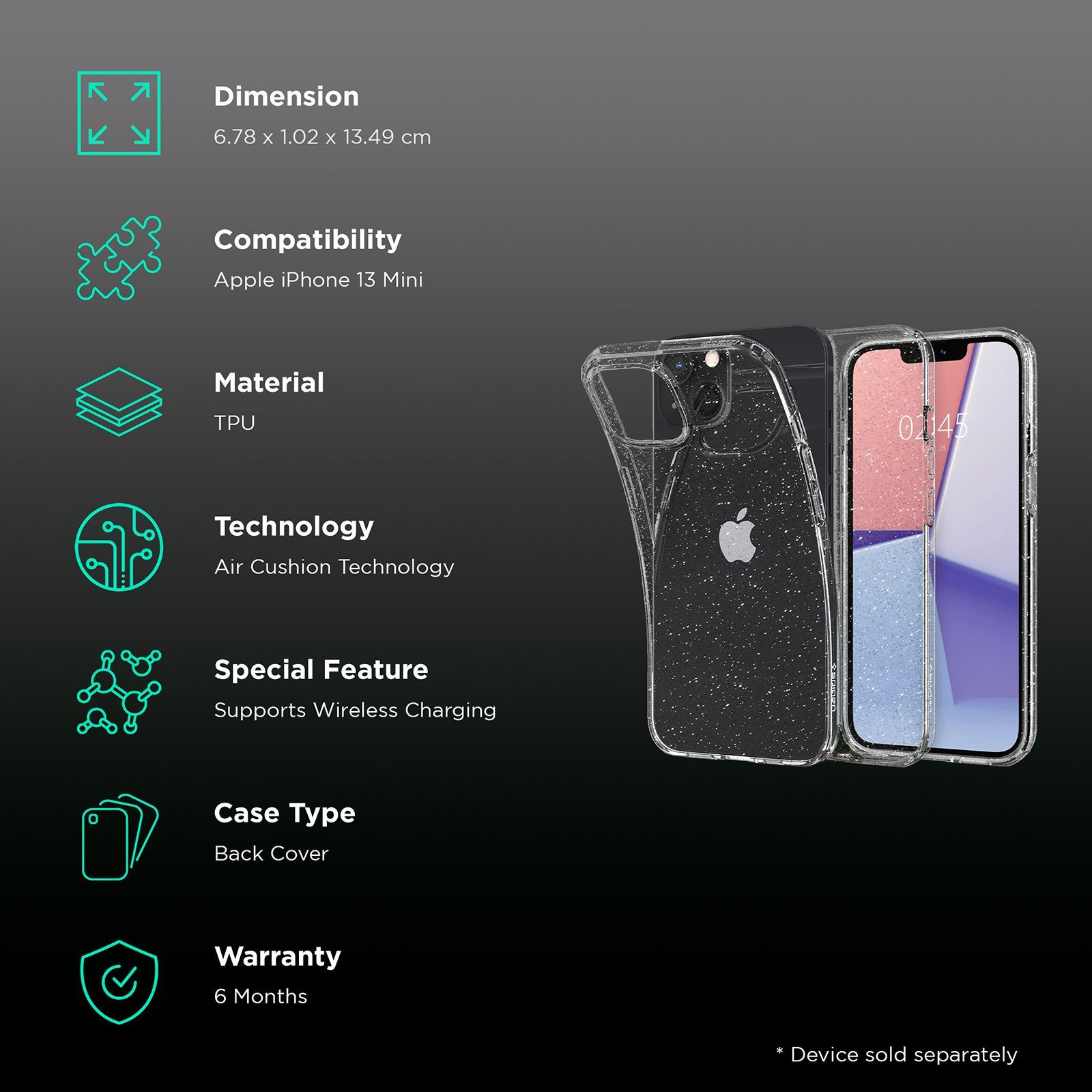 spigen Liquid Crystal Glitter TPU Back Cover for Apple iPhone 13 Mini (Wireless Charging Compatible, Crystal Quartz)_2