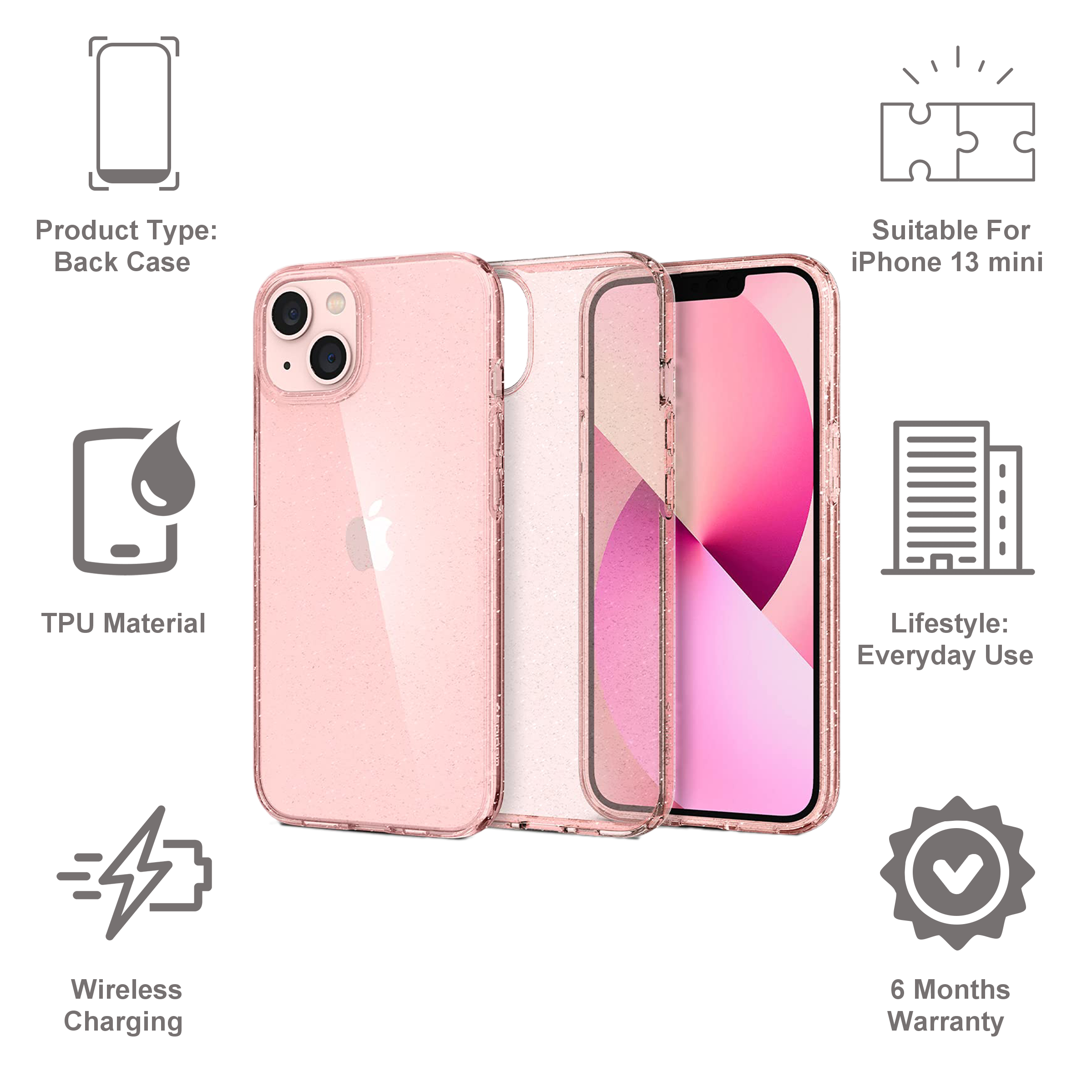 spigen Liquid Crystal Glitter TPU Back Cover for Apple iPhone 13 Mini (Wireless Charging Compatible, Rose Quartz)_6