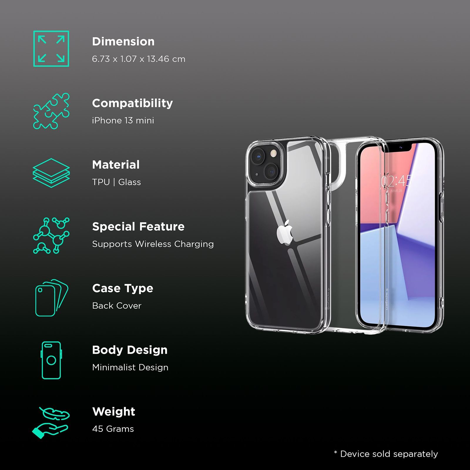 spigen Quartz Hybrid Glass and TPU Back Case For iPhone 13 mini (9H Hardness, ACS03325, Transparent)_2