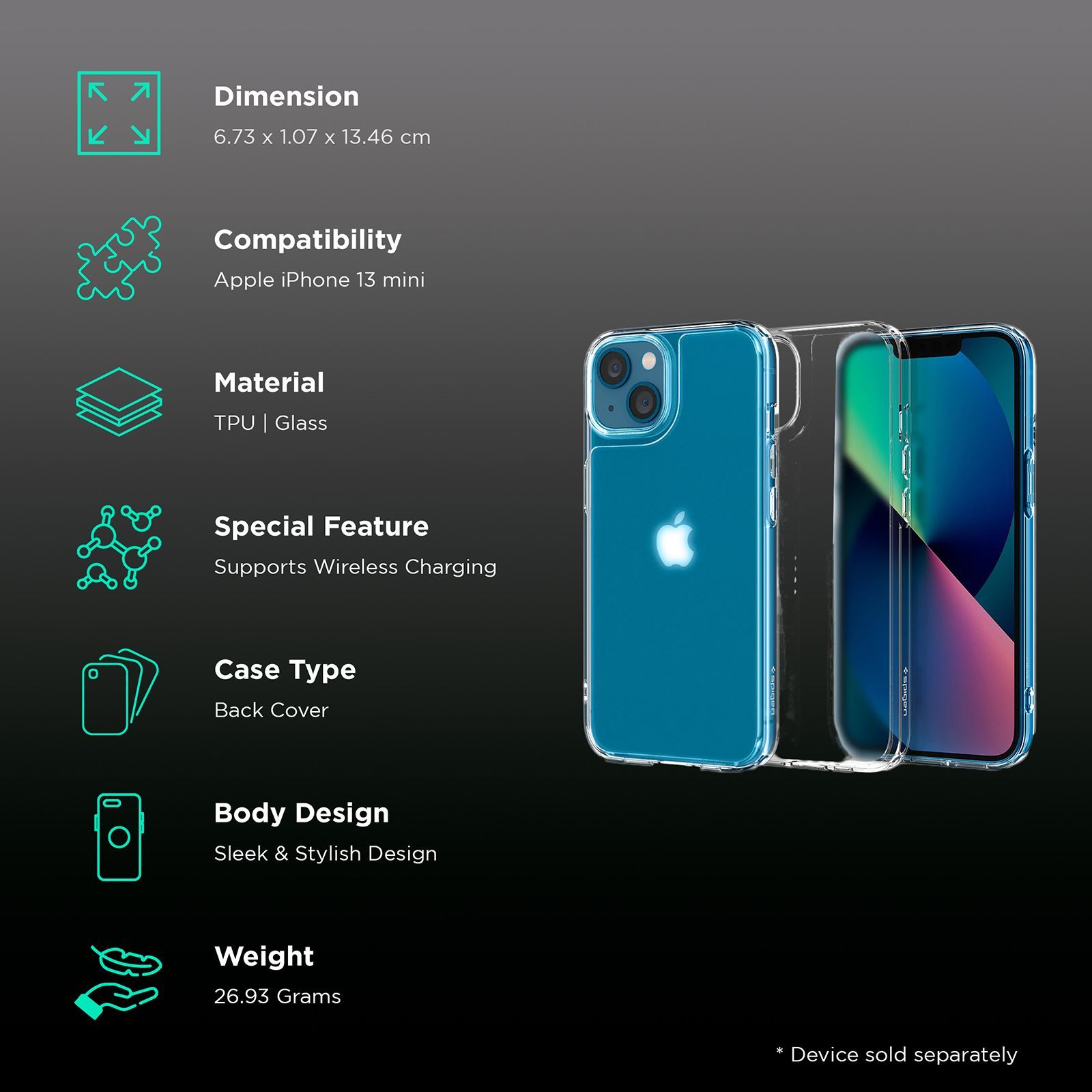 spigen Quartz Hybrid Glass and TPU Back Case For iPhone 13 Mini (Slim And Grip Friendly, ACS03326, Clear)_2