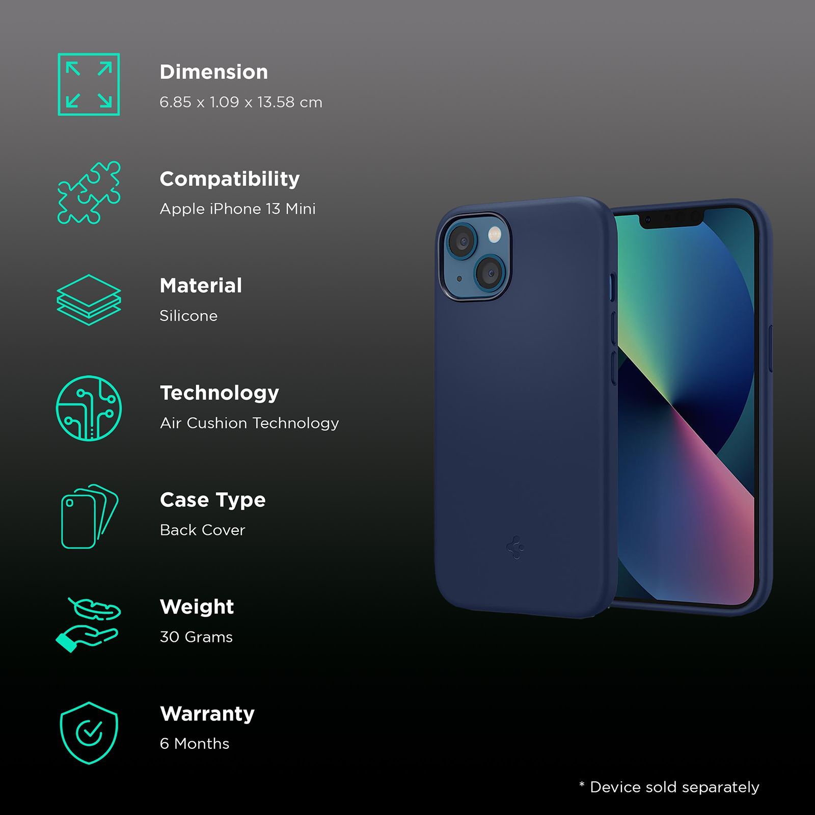 spigen Silicone Fit Soft Silicone Back Cover for Apple iPhone 13 Mini (Air Cushion Technology, Navy)_2