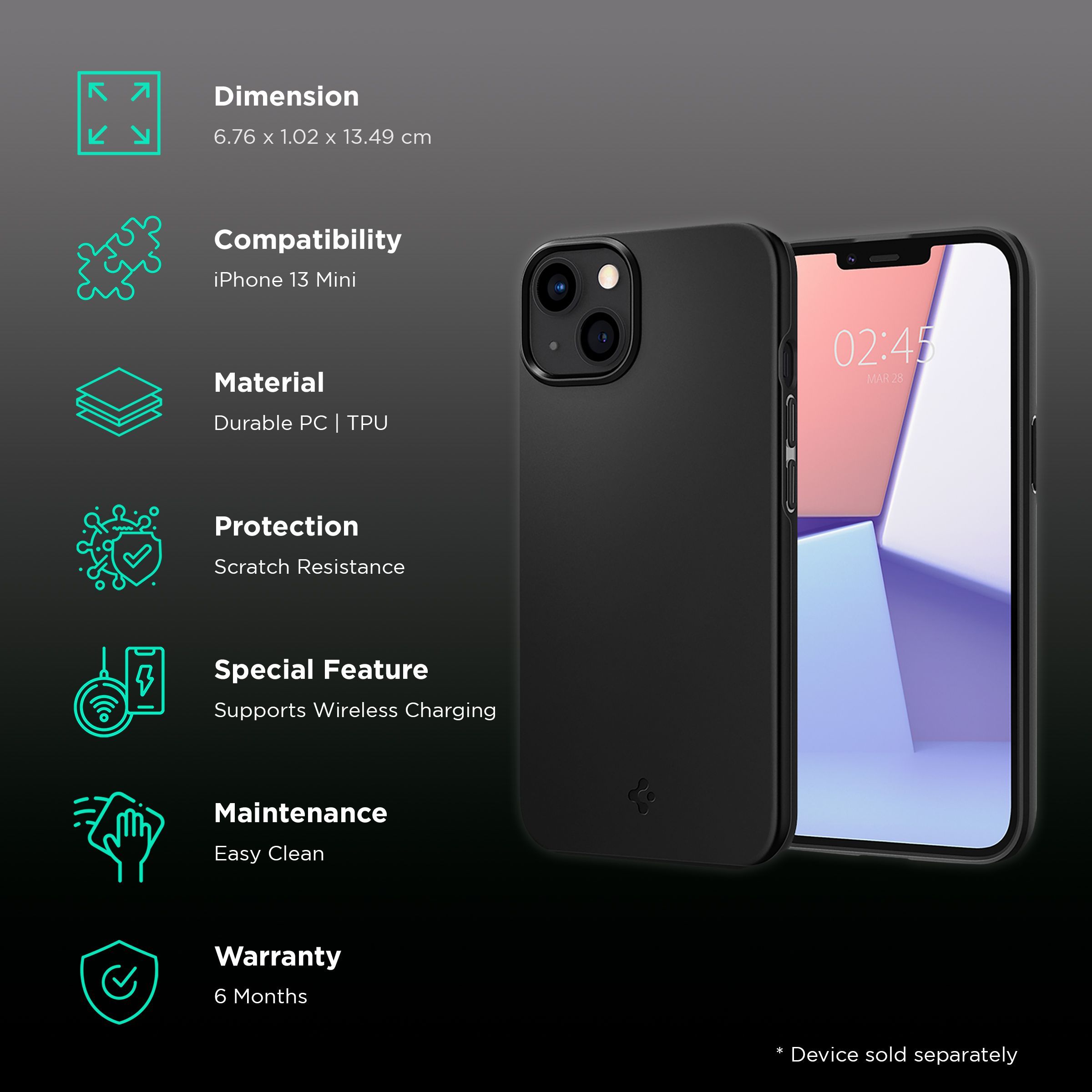 spigen ACS03678 Thin Fit Polycarbonate & Hard TPU Back Cover for Apple iPhone 13 Mini (Supports Wireless Charging, Black)_2