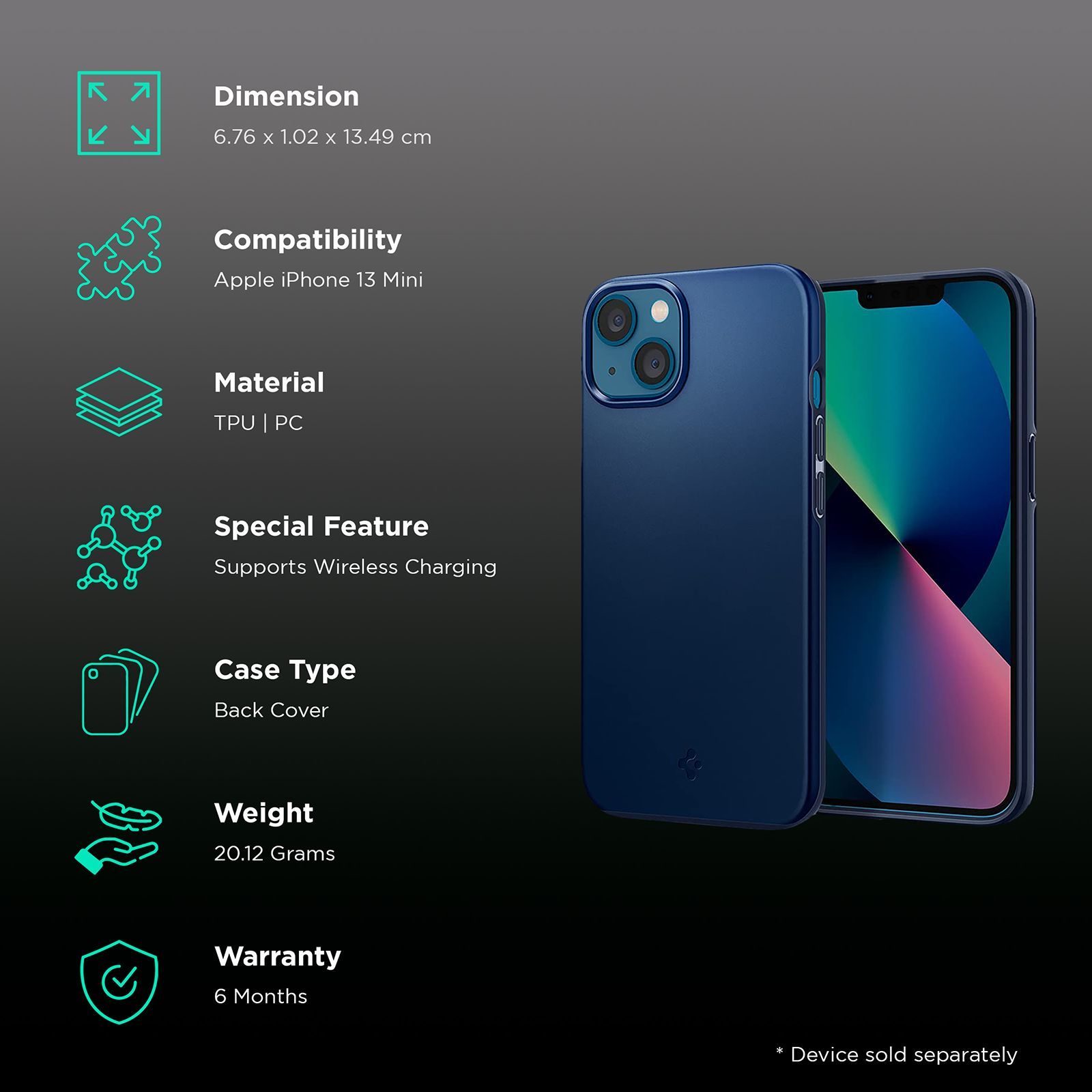 spigen Thin Fit TPU & Polycarbonate Back Cover for Apple iPhone 13 Mini (Wireless Charging Compatible, Navy Blue)_2