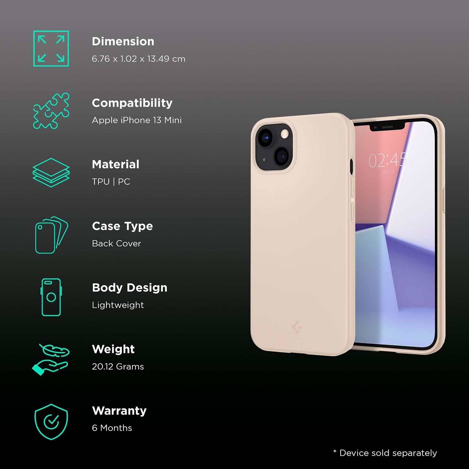 spigen Thin Fit TPU & Polycarbonate Back Cover for Apple iPhone 13 Mini (Wireless Charging Compatible, Sand Beige)_2