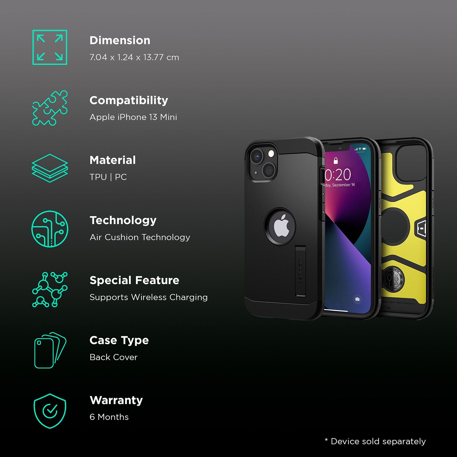 spigen Tough Armor TPU & Polycarbonate Back Case with Stand for Apple iPhone 13 Mini (Wireless Charging Compatible, Black)_2