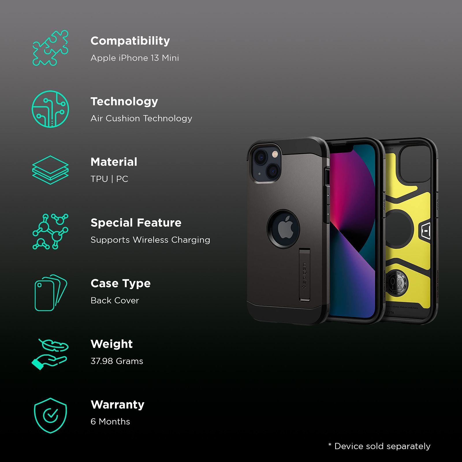 spigen Tough Armor TPU & Polycarbonate Back Case with Stand for Apple iPhone 13 Mini (Wireless Charging Compatible, Gunmetal)_2