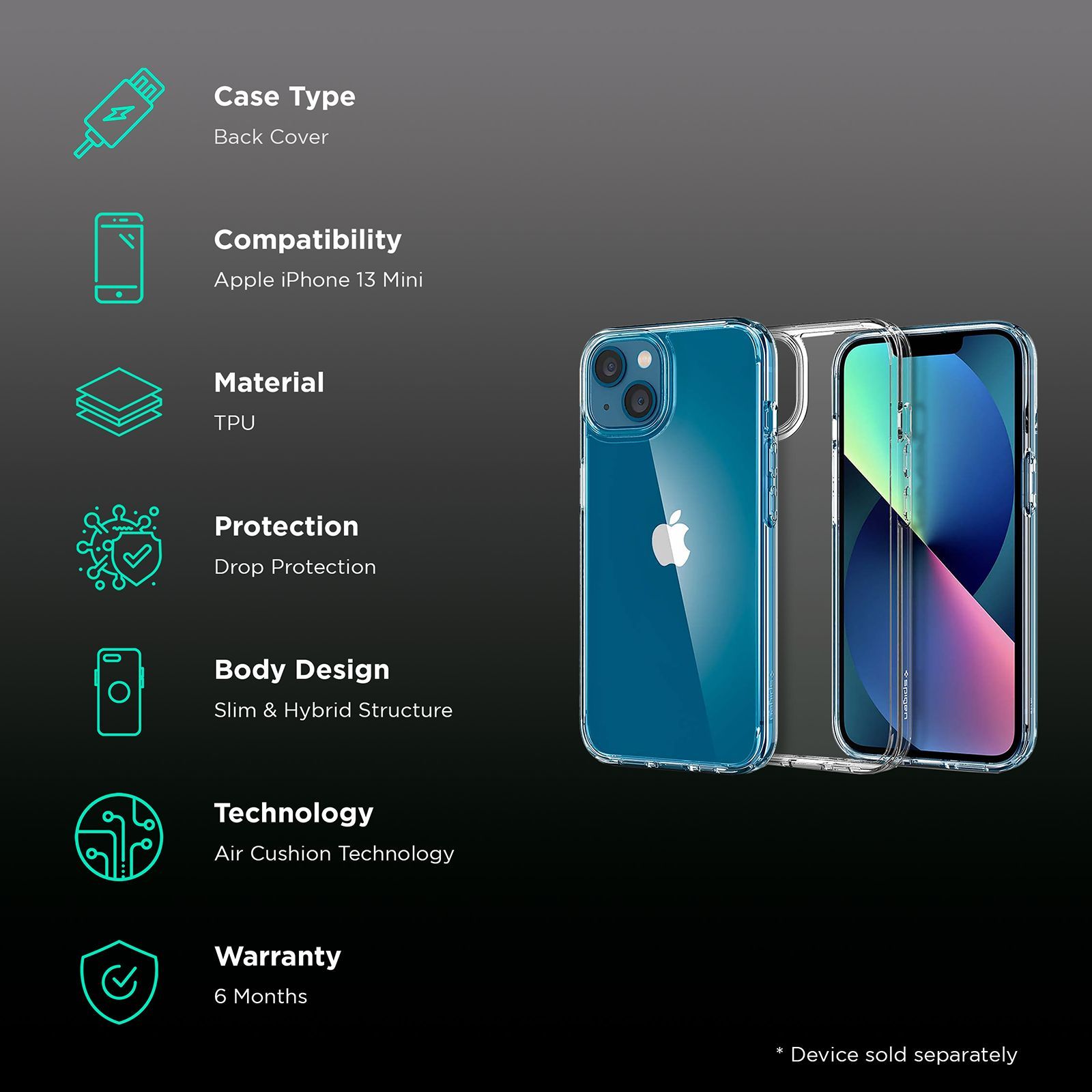 spigen Ultra Hybrid TPU Back Cover for Apple iPhone 13 Mini (Wireless Charging Compatible?, Crystal Clear)_2