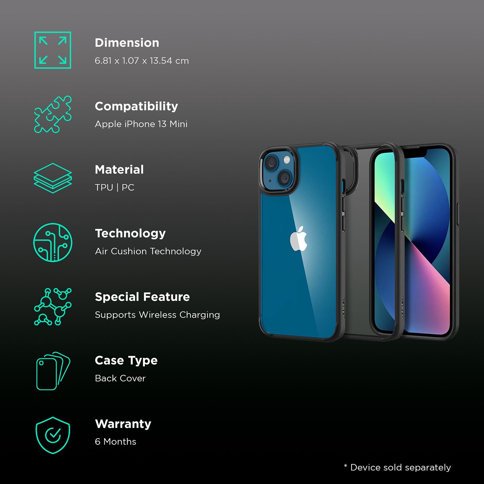 spigen Ultra Hybrid TPU & Polycarbonate Back Cover for Apple iPhone 13 Mini (Wireless Charging Compatible?, Matte Black)_2