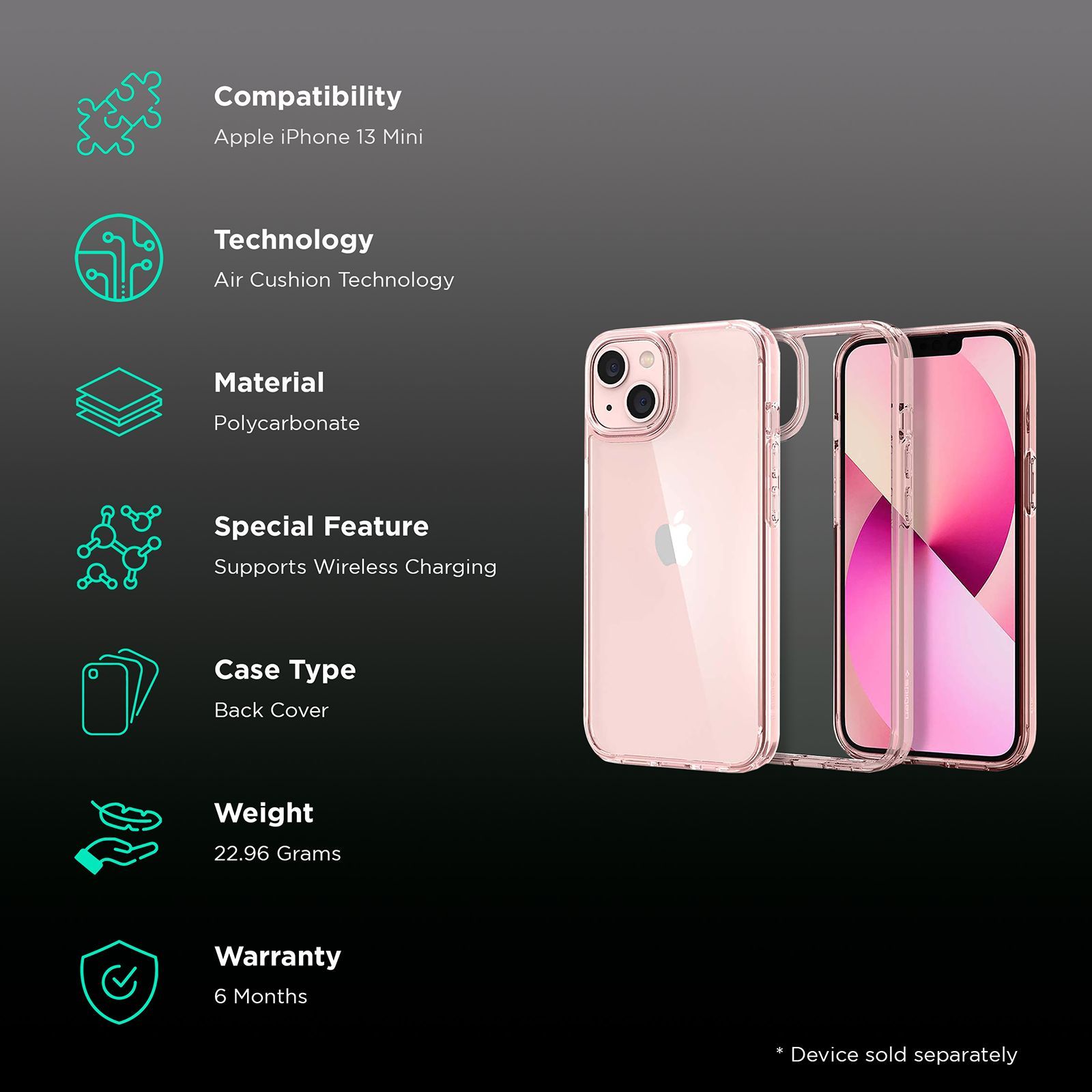 spigen Ultra Hybrid Polycarbonate Back Cover for Apple iPhone 13 Mini (Wireless Charging Compatible, Rose Crystal)_2