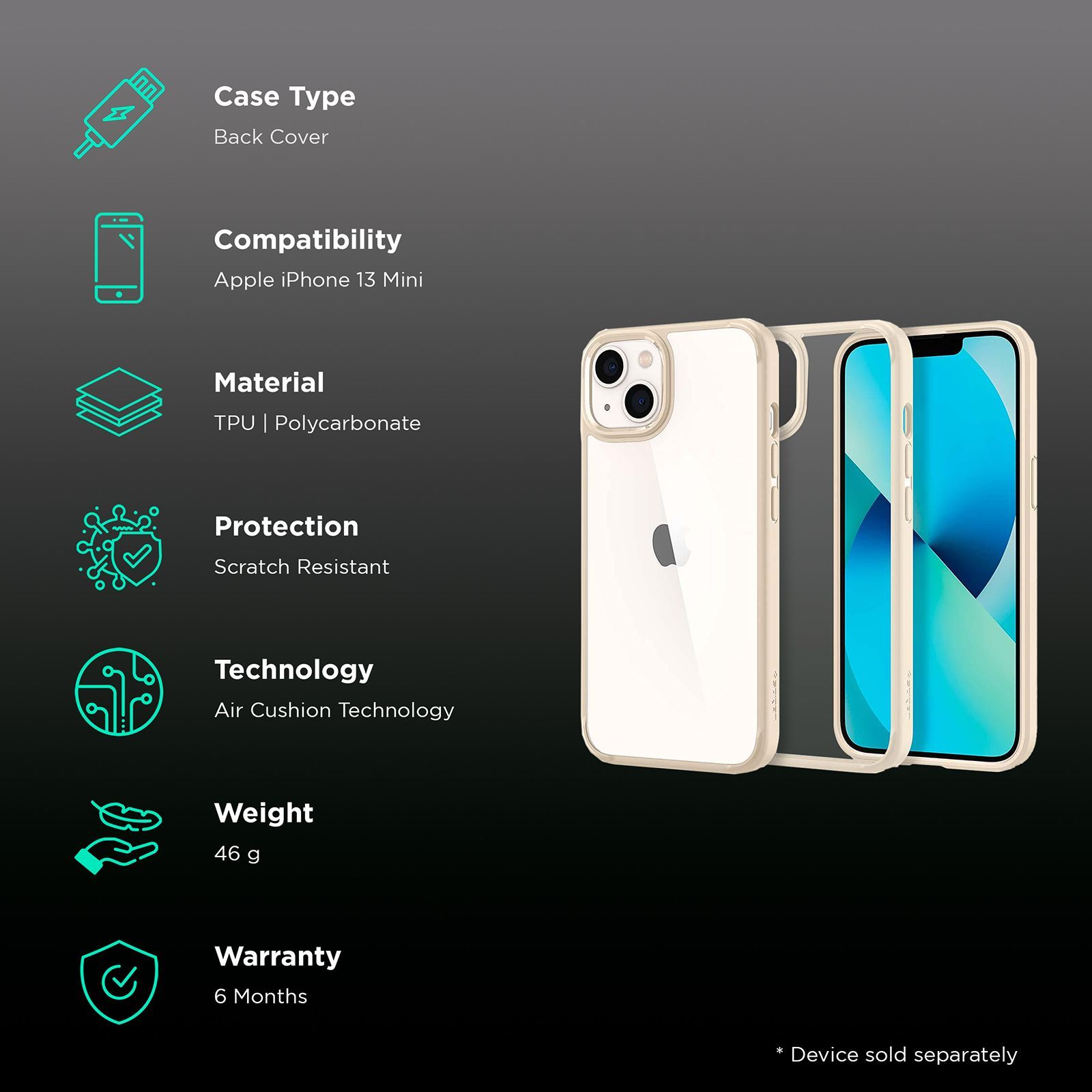 spigen Ultra Hybrid TPU and Polycarbonate Back Cover for Apple iPhone 13 Mini (Air Cushion Technology, Sand Beige)_2