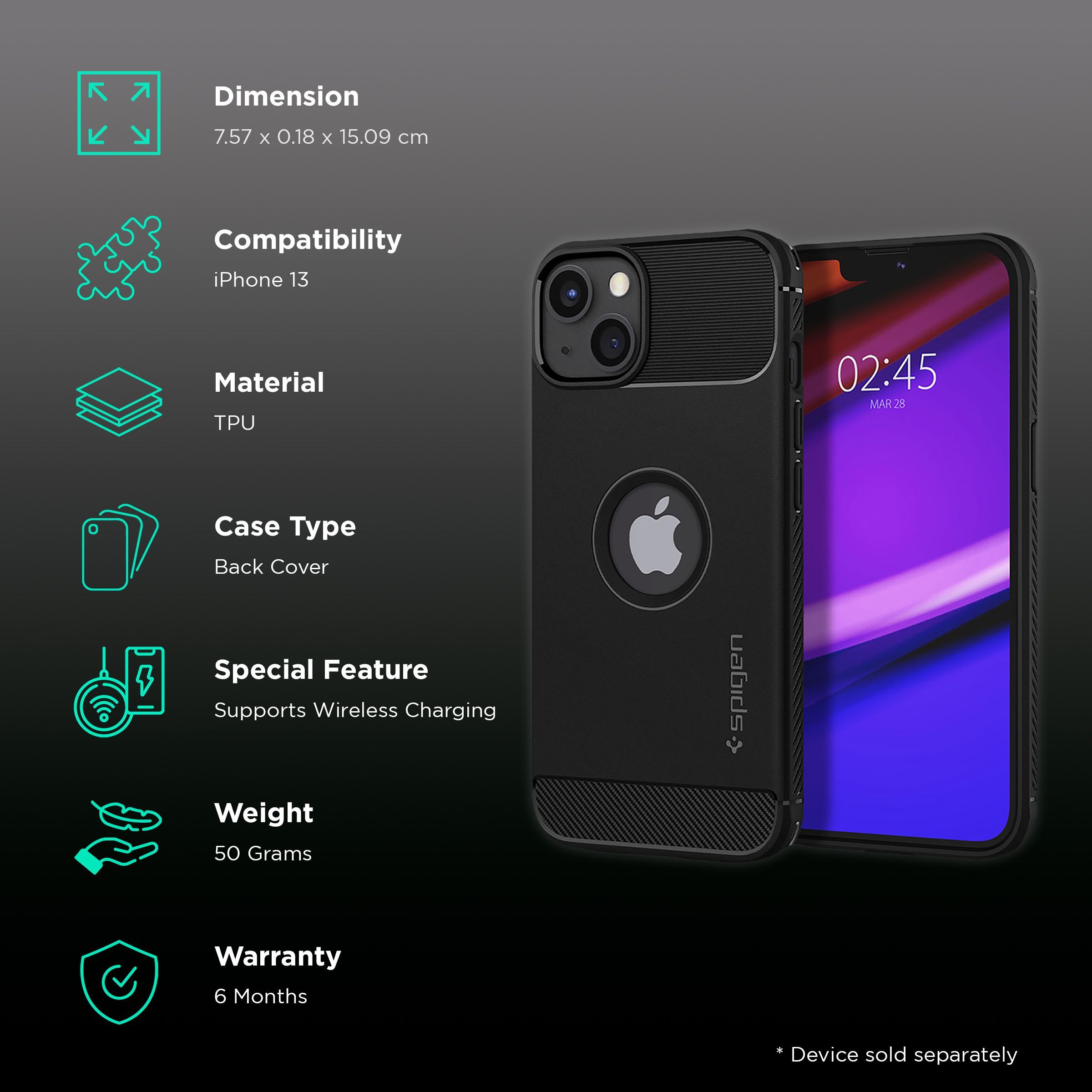 spigen Rugged Armor TPU Back Cover for Apple iPhone 13 (Supports Wireless Charging, Matte Black)_2