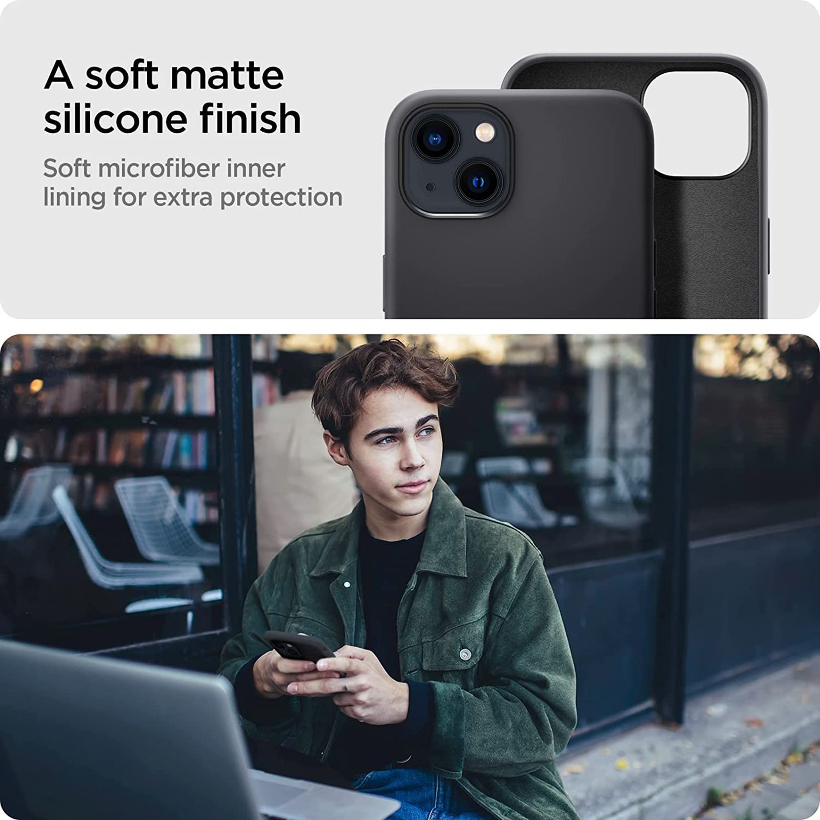 spigen Soft Silicone Back Cover for Apple iPhone 13 (Microfibre Lining, Black)_3