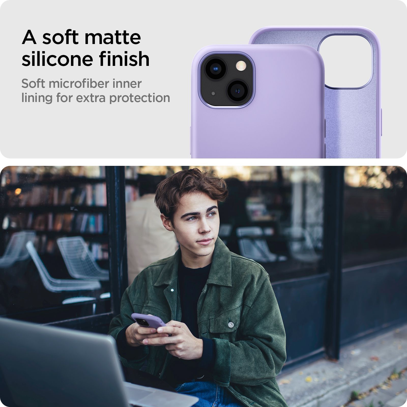 spigen Silicone Fit Soft Silicone Back Cover for Apple iPhone 13 (Air Cushion Technology, Iris Purple)_10