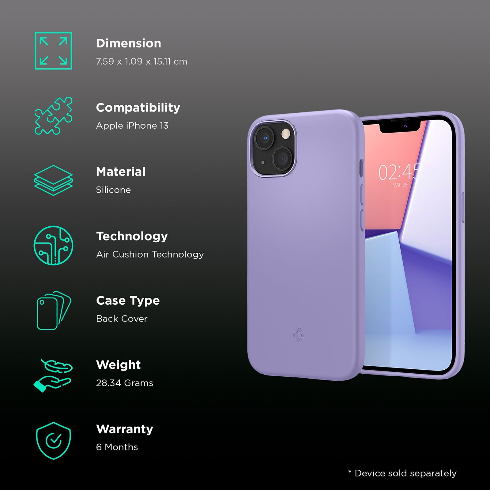 spigen Silicone Fit Soft Silicone Back Cover for Apple iPhone 13 (Air Cushion Technology, Iris Purple)_2