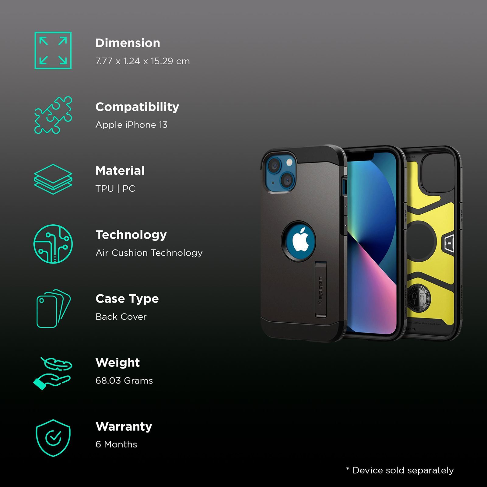 spigen Tough Armor TPU & Polycarbonate Back Case with Stand for Apple iPhone 13 (Wireless Charging Compatible, Gunmetal)_2