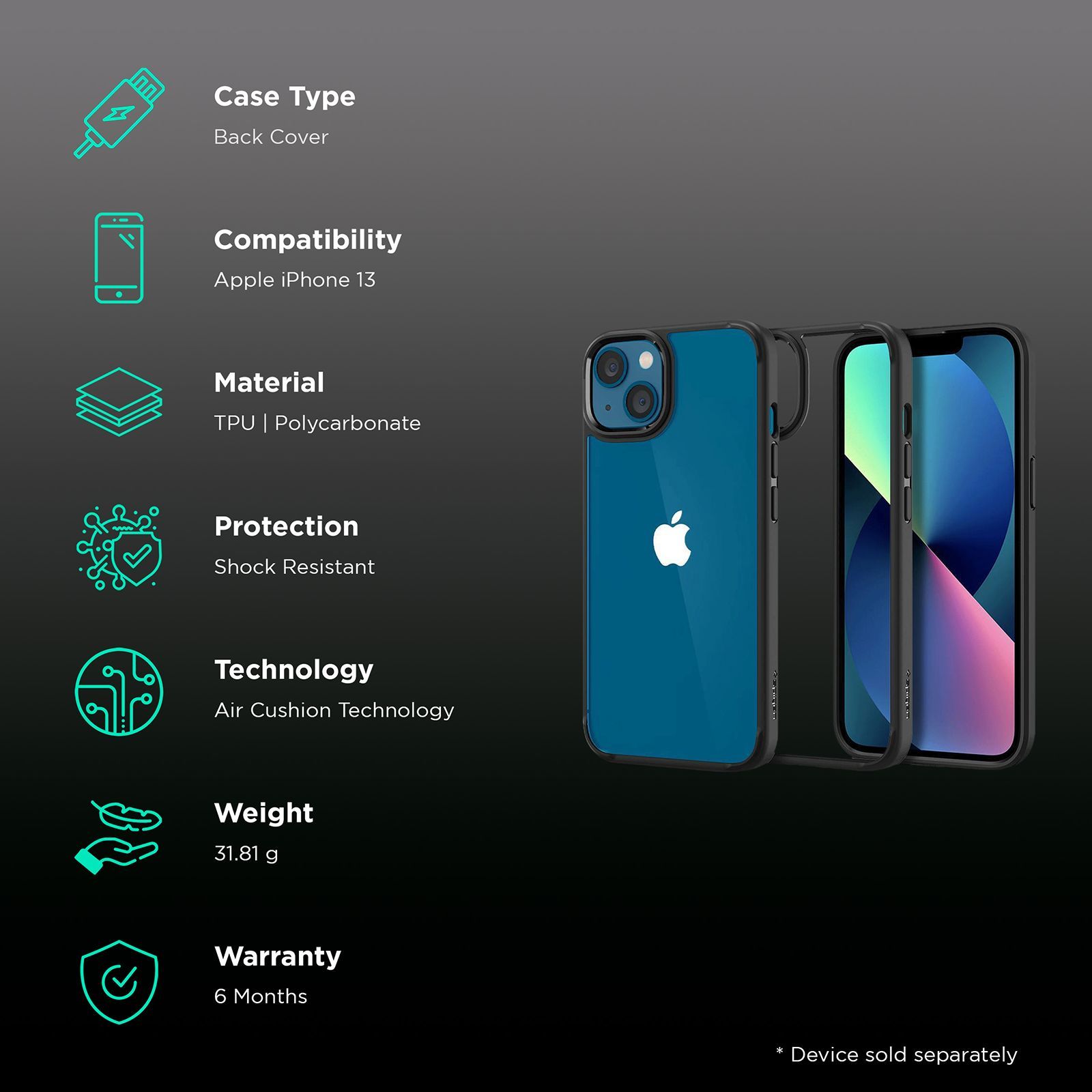 spigen Ultra Hybrid TPU & Polycarbonate Back Cover for Apple iPhone 13 (Wireless Charging Compatible?, Matte Black)_2