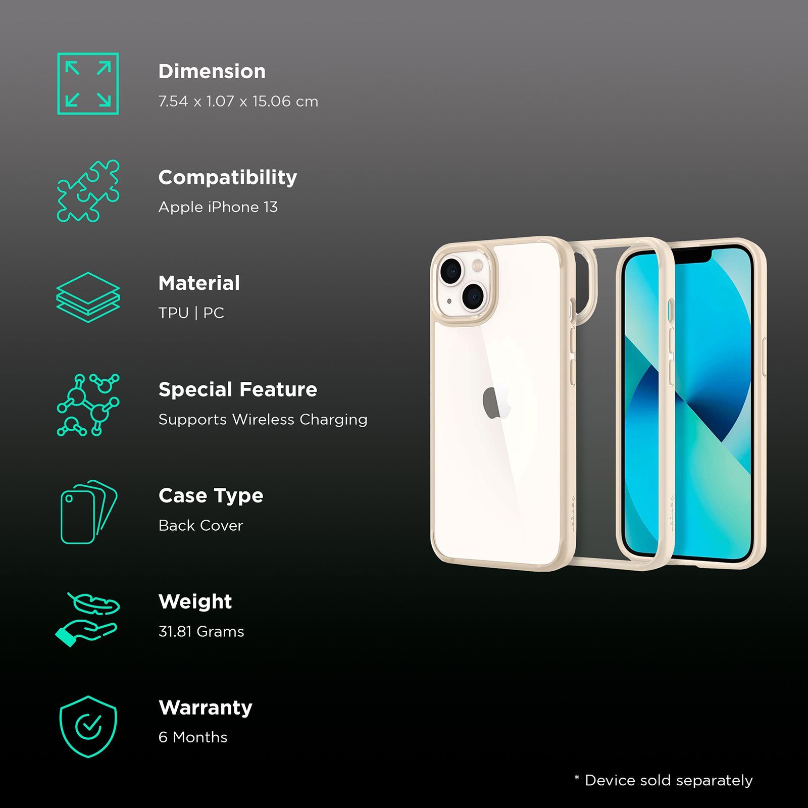 spigen Ultra Hybrid TPU & Polycarbonate Back Cover for Apple iPhone 13 (Wireless Charging Compatible?, Sand Beige)_2