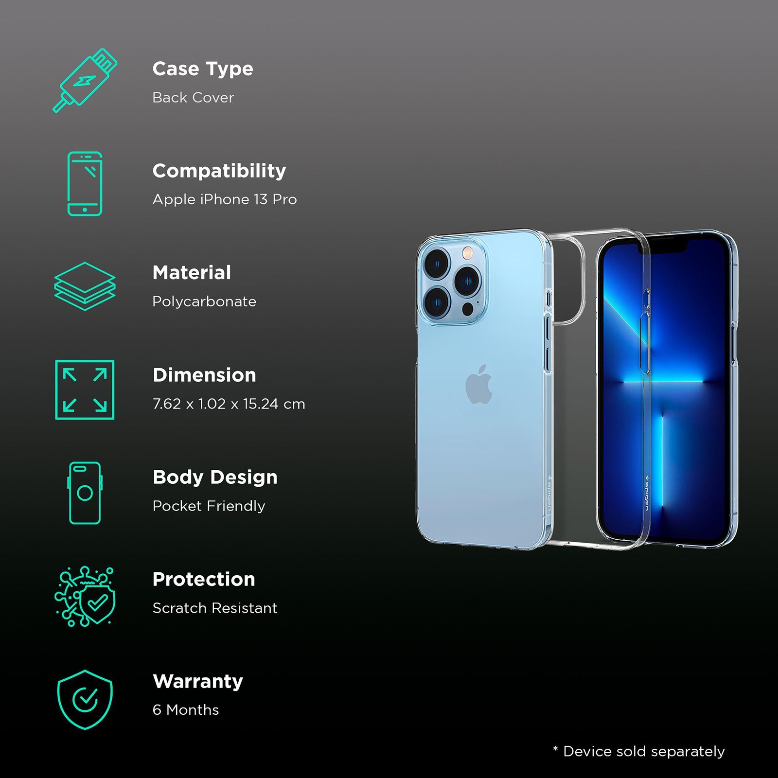 spigen AirSkin Polycarbonate Back Cover for Apple iPhone 13 Pro (Scratch Protection, Crystal Clear)_2