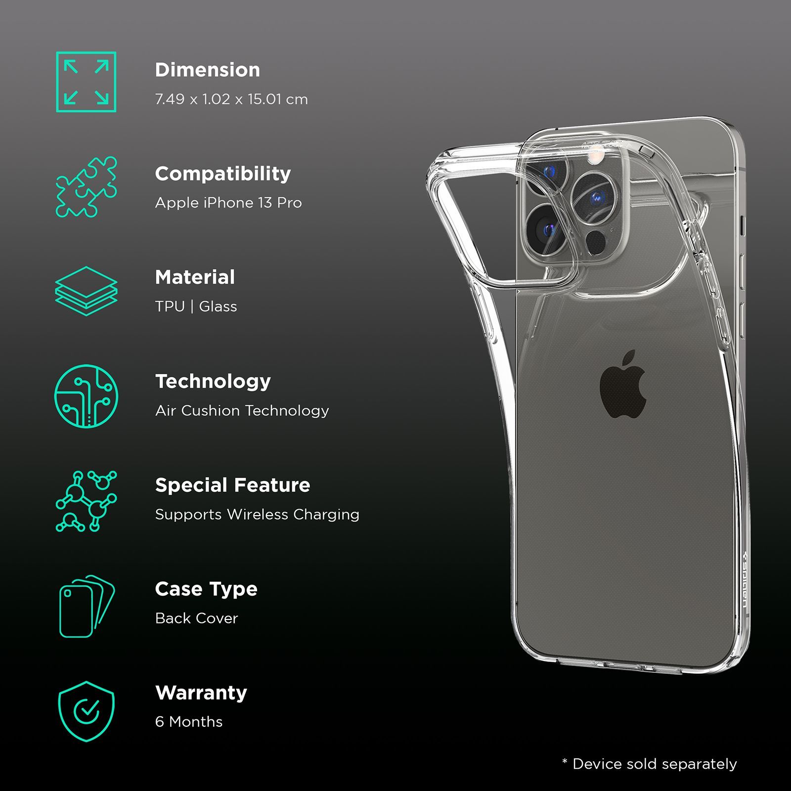 spigen Crystal Pack Soft TPU & Glass Back Cover for Apple iPhone 13 Pro (Wireless Charging Compatible, Crystal Clear)_2