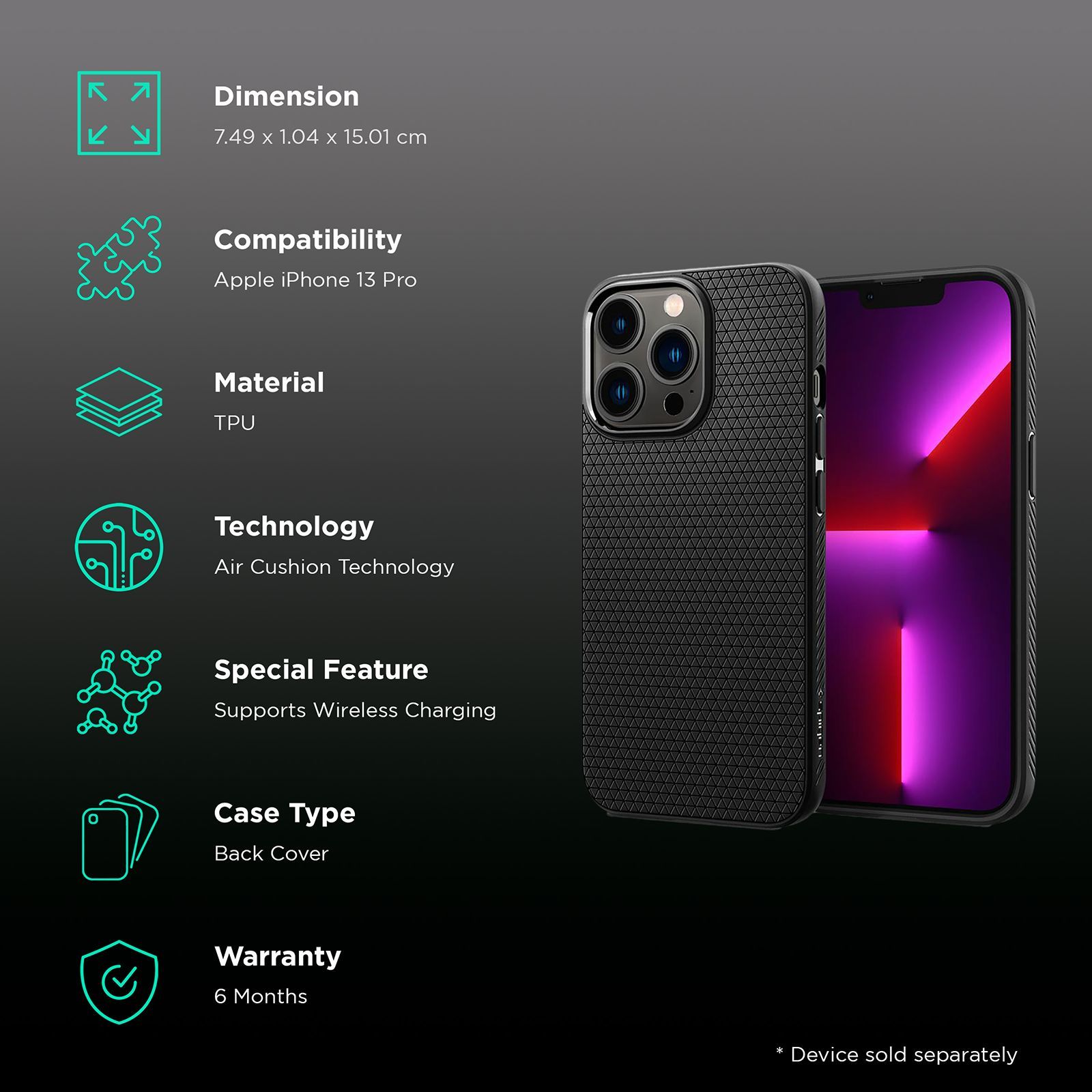 spigen Liquid Air TPU Back Cover for Apple iPhone 13 Pro (Wireless Charging Compatible, Matte Black)_2