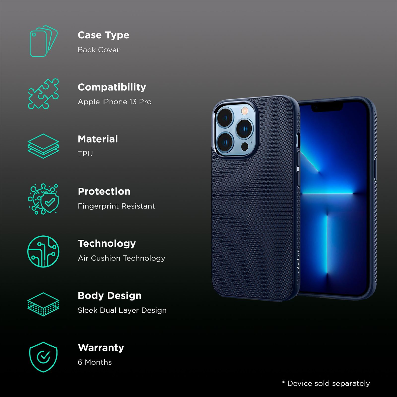 spigen Liquid Air TPU Back Cover for Apple iPhone 13 Pro (Wireless Charging Compatible, Navy Blue) spigen Liquid Air TPU Back Cover for Apple iPhone 13 Pro (Wireless Charging Compatible, Navy Blue)_2