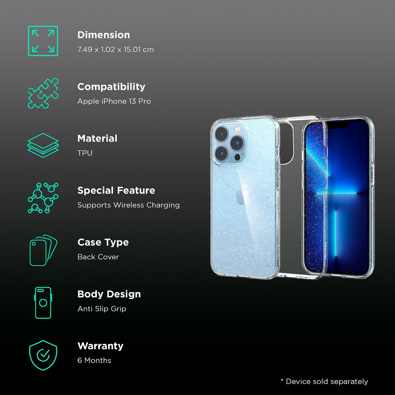 spigen Liquid Crystal Glitter TPU Back Cover for Apple iPhone 13 Pro (Wireless Charging Compatible, Crystal Quartz) spigen Liquid Crystal Glitter TPU Back Cover for Apple iPhone 13 Pro (Wireless Charging Compatible, Crystal Quartz)_2