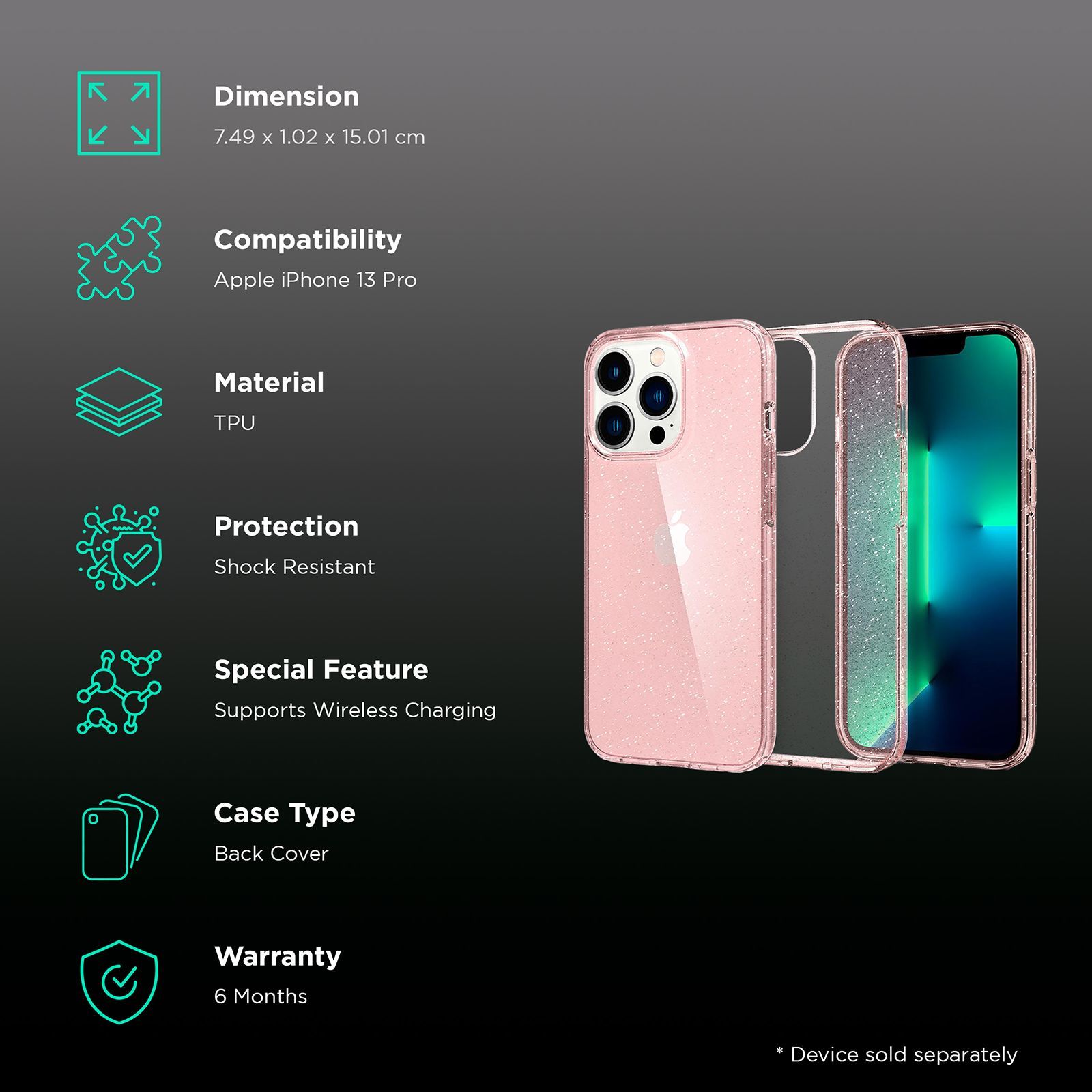 spigen Liquid Crystal Glitter TPU Back Cover for Apple iPhone 13 Pro (Wireless Charging Compatible, Rose Quartz)_2