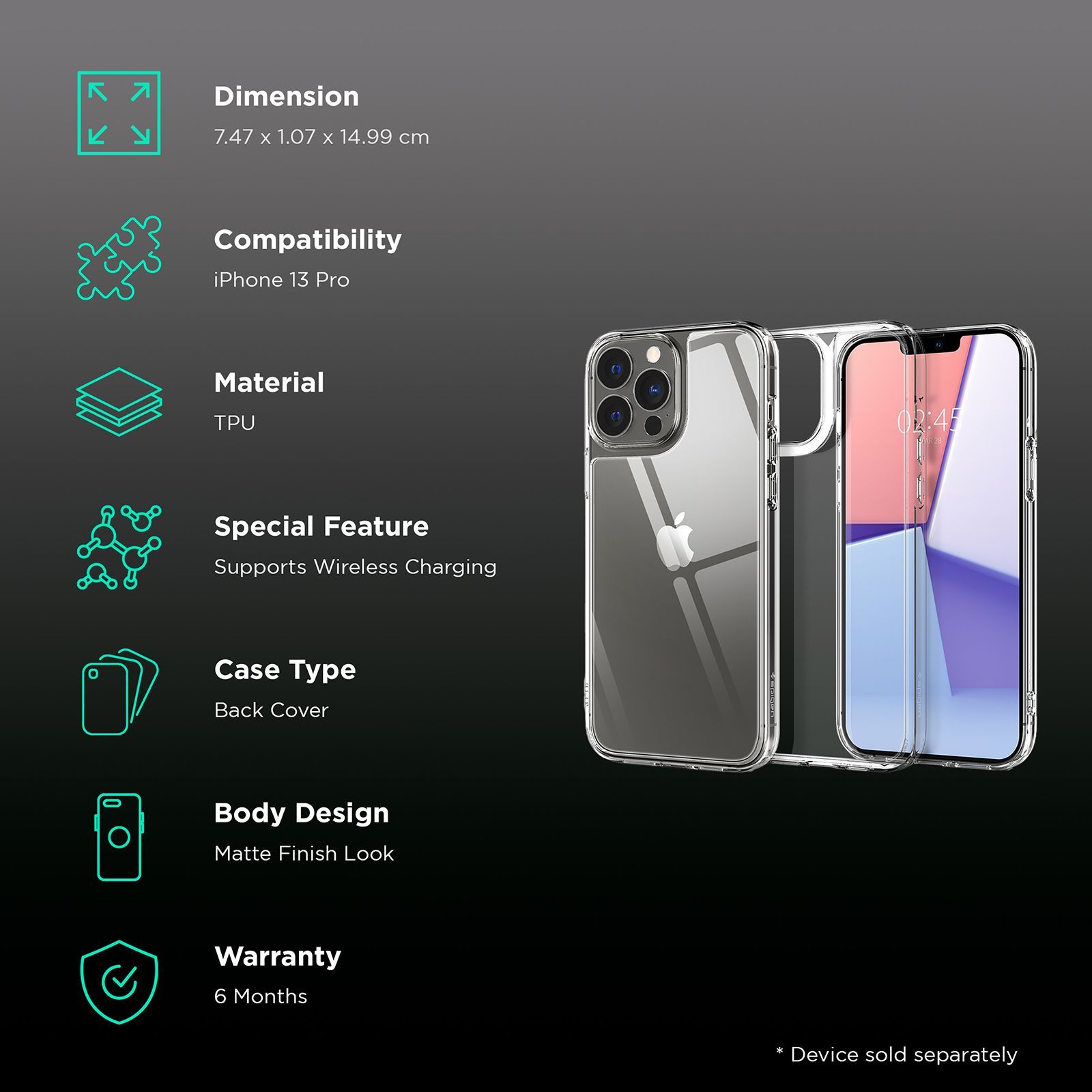 spigen Quartz Hybrid TPU Back Case for iPhone 13 Pro (Edge Protection, ACS03271, Crystal Clear)_2