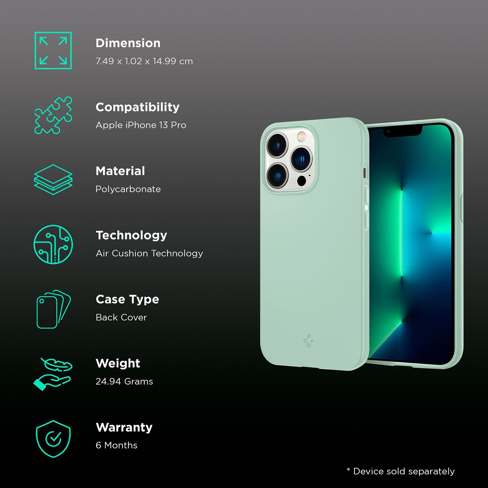 spigen Thin Fit Polycarbonate Back Cover for Apple iPhone 13 Pro (Wireless Charging Compatible, Apple Mint)_2