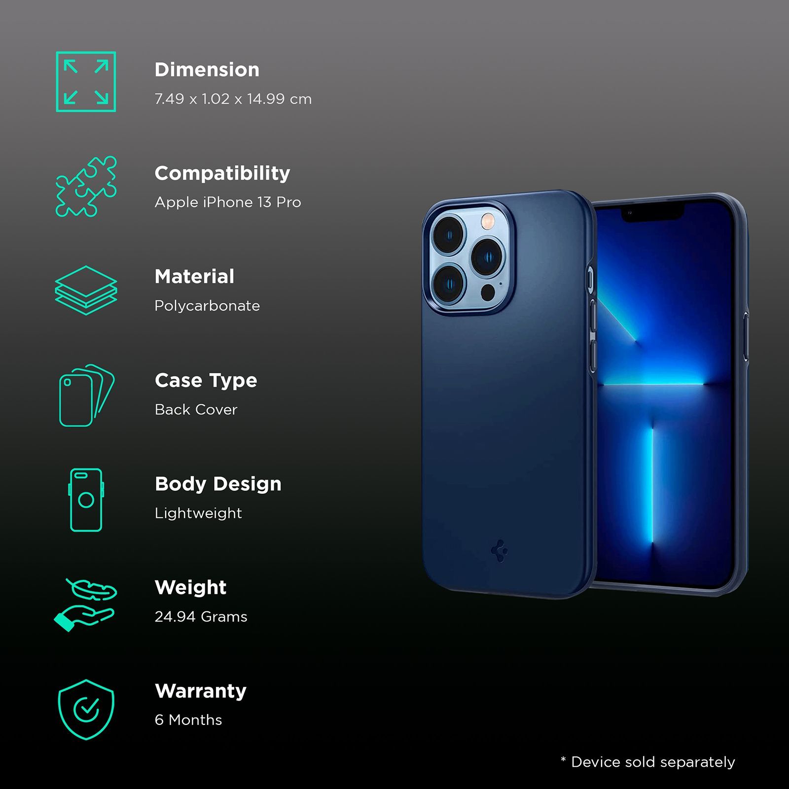 spigen Thin Fit Polycarbonate Back Cover for Apple iPhone 13 Pro (Wireless Charging Compatible, Navy Blue)_2