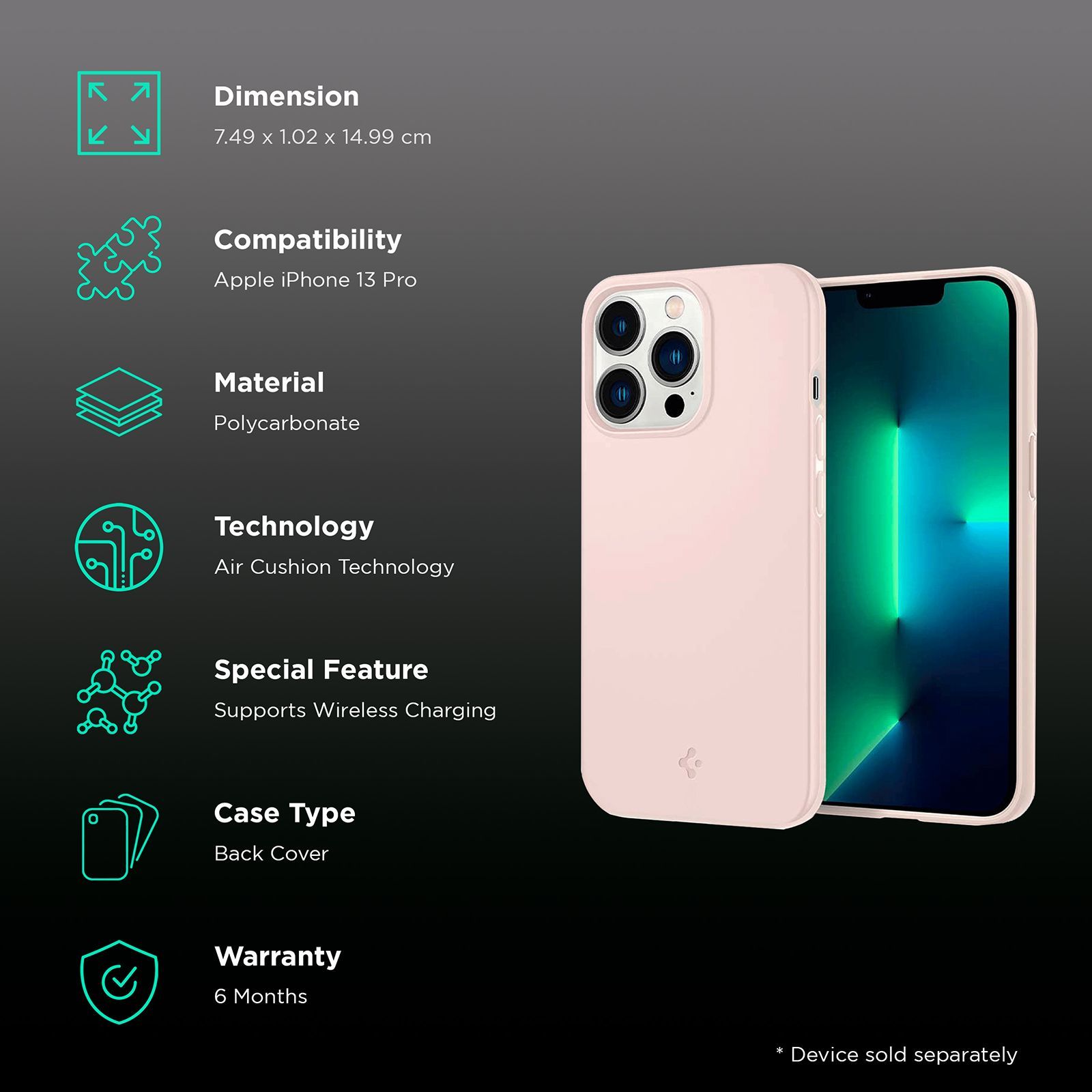 spigen Thin Fit Polycarbonate Back Cover for Apple iPhone 13 Pro (Wireless Charging Compatible, Pink Sand)_2