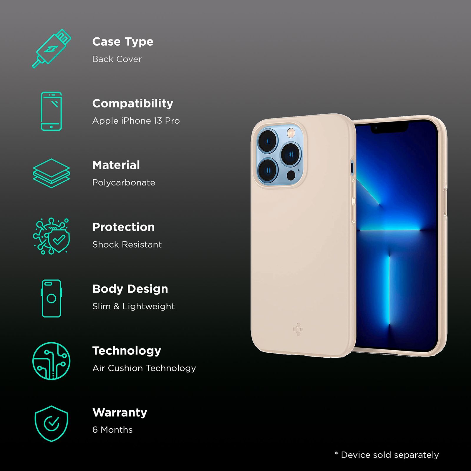 spigen Thin Fit Polycarbonate Back Cover for Apple iPhone 13 Pro (Wireless Charging Compatible, Sand Beige)_2