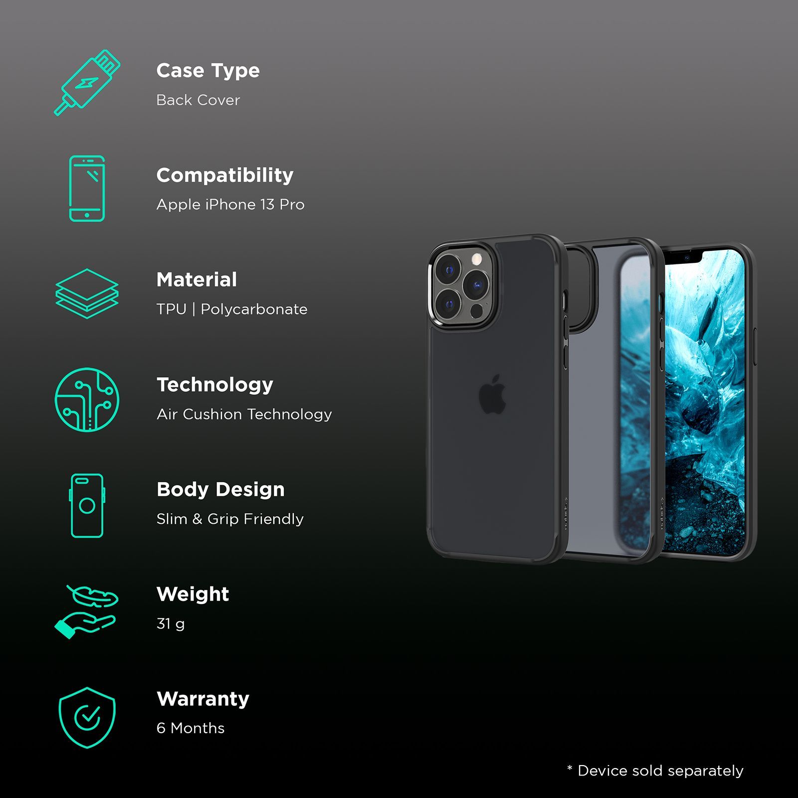 spigen Ultra Hybrid TPU & Polycarbonate Back Cover for Apple iPhone 13 Pro (Wireless Charging Compatible?, Frost Black)_2