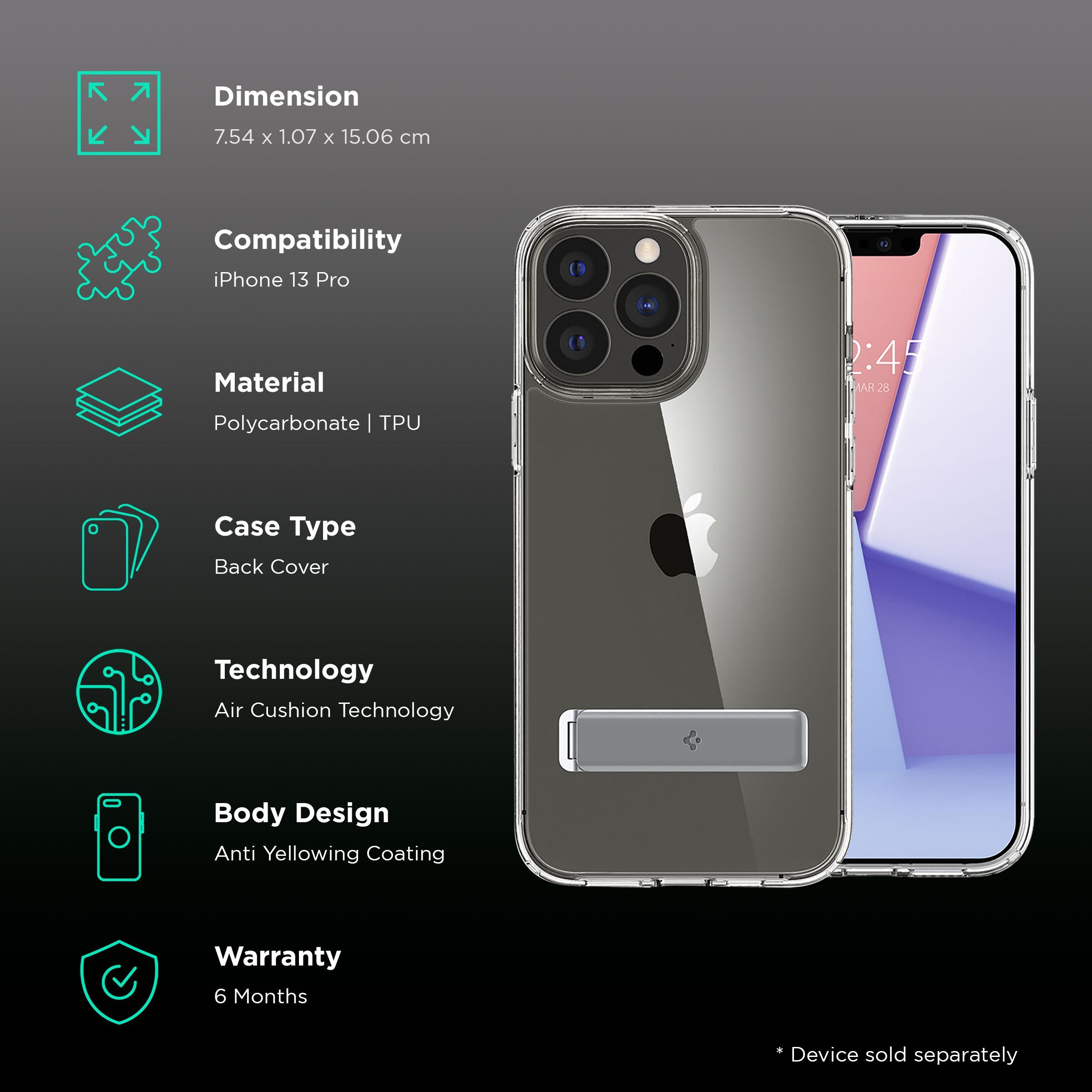 spigen ACS03270 Soft Polycarbonate & Hard TPU Back Cover for Apple iPhone 13 Pro (Air Cushion Technology, Crystal Clear)_2