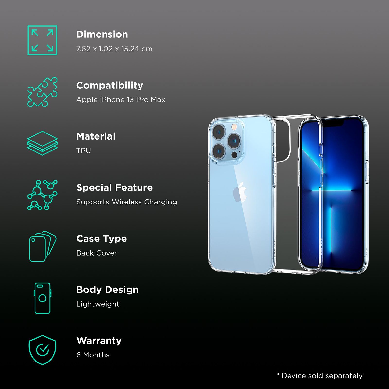 spigen Liquid Crystal TPU Back Cover for Apple iPhone 13 Pro Max (Wireless Charging Compatible, Crystal Clear)_2