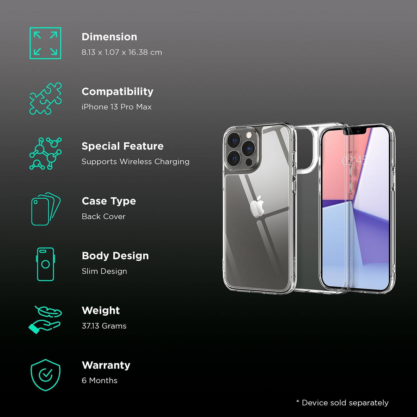 spigen Quartz Hybrid Back Case For iPhone 13 Pro Max (Wireless Charge Compatible, ACS03214, Crystal Clear) spigen Quartz Hybrid Back Case For iPhone 13 Pro Max (Wireless Charge Compatible, ACS03214, Crystal Clear)_2