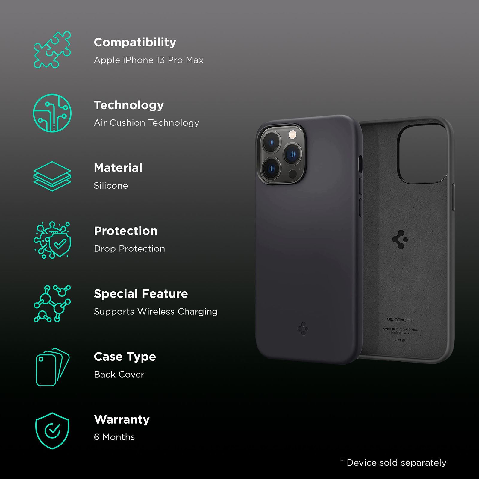 spigen Silicone Fit Soft Silicone Back Cover for Apple iPhone 13 Pro Max (Wireless Charging Compatible, Black)_2